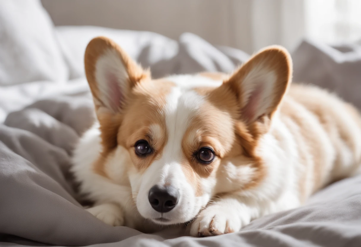 The Welsh Corgi lies in bed, Happy smile, Clear and realistic fur texture, 80s style, Fulll body Shot, high-quality photo.
