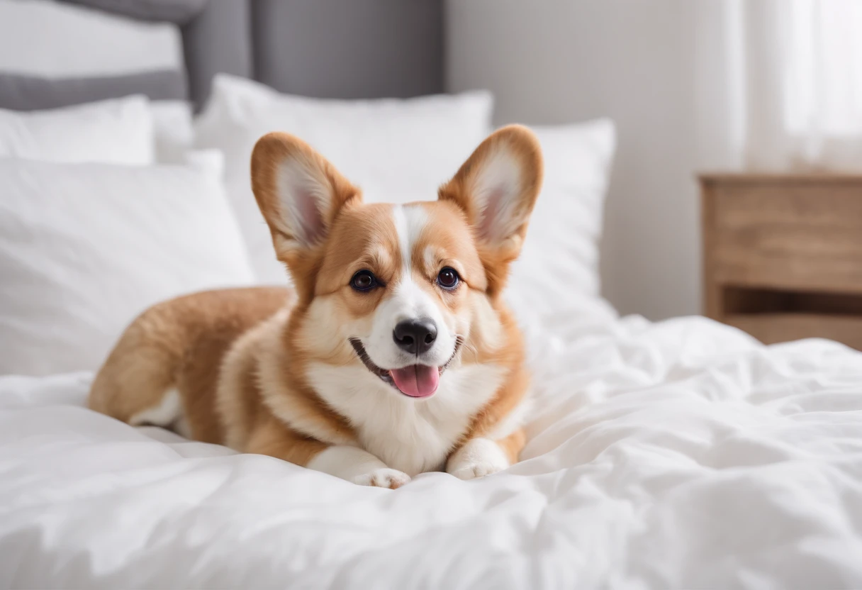 The Welsh Corgi lies in bed, Happy smile, Clear and realistic fur texture, 80s style, Fulll body Shot, high-quality photo.