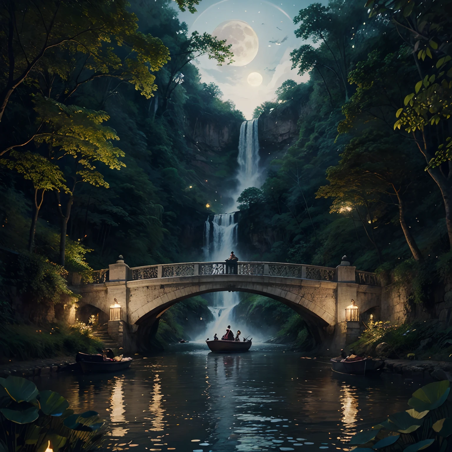 Full Moon Illustration and Waterfall, River boats, Lotus in river illustration, Candles floating on the river, The White Lotus of the Lotus, Bright yellow fireflies, Illustration of a vintage bridge near the river, Fantasy Art, Night theme, Dreamy art, hyperrealistic illustrations