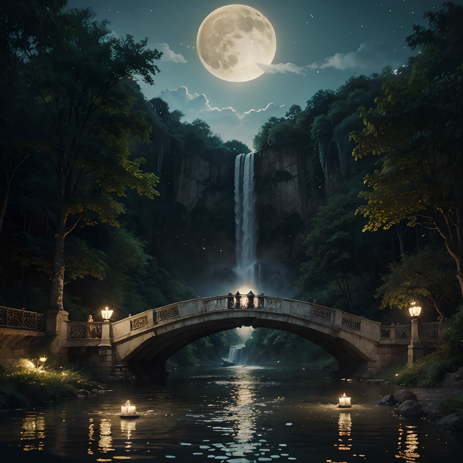 Full Moon Illustration and Waterfall, River boats, Lotus in river illustration, Candles floating on the river, The White Lotus of the Lotus, Bright yellow fireflies, Illustration of a vintage bridge near the river, Fantasy Art, Night theme, Dreamy art, hyperrealistic illustrations