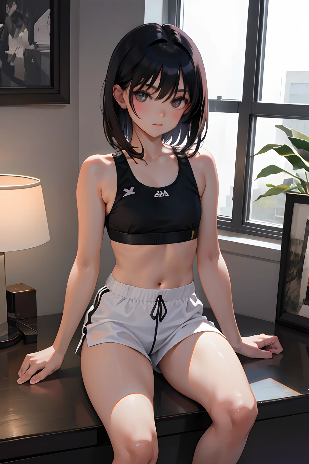 highest quality、All limbs、full finger、1 girl、((one beautiful woman、solo))、beautiful big breasts、short bob hair、brown hair、(navy blue sports bra)、Dark blue spats、sports gym、naughty pose、big smile、sit on the floor with your legs apart、Touching the crotch with your hand