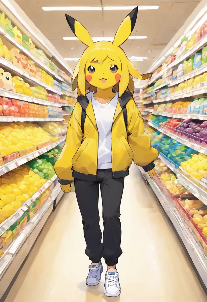 Pokémon: Pikachu is wearing a white shirt, a yellow jacket, black pants, and white sneakers at the supermarket