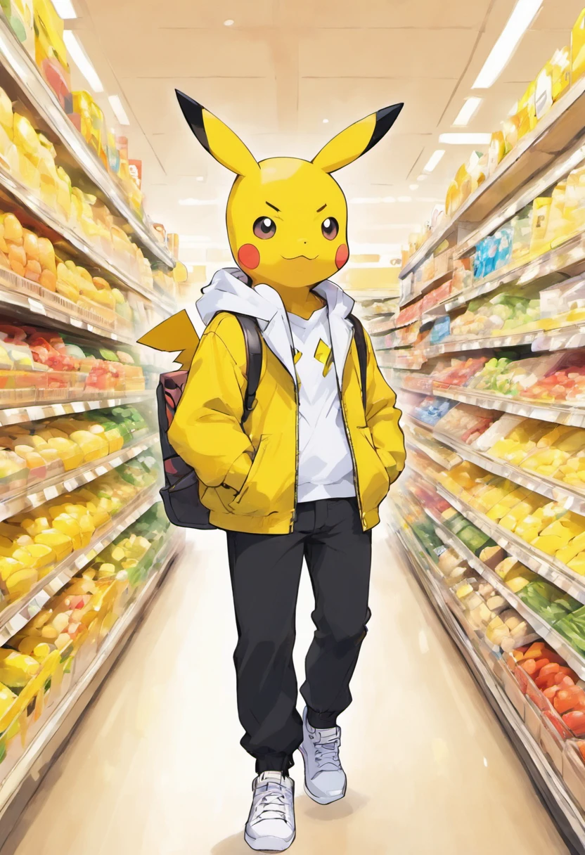 Pokémon: Pikachu is wearing a white shirt, a yellow jacket, black pants, and white sneakers at the supermarket