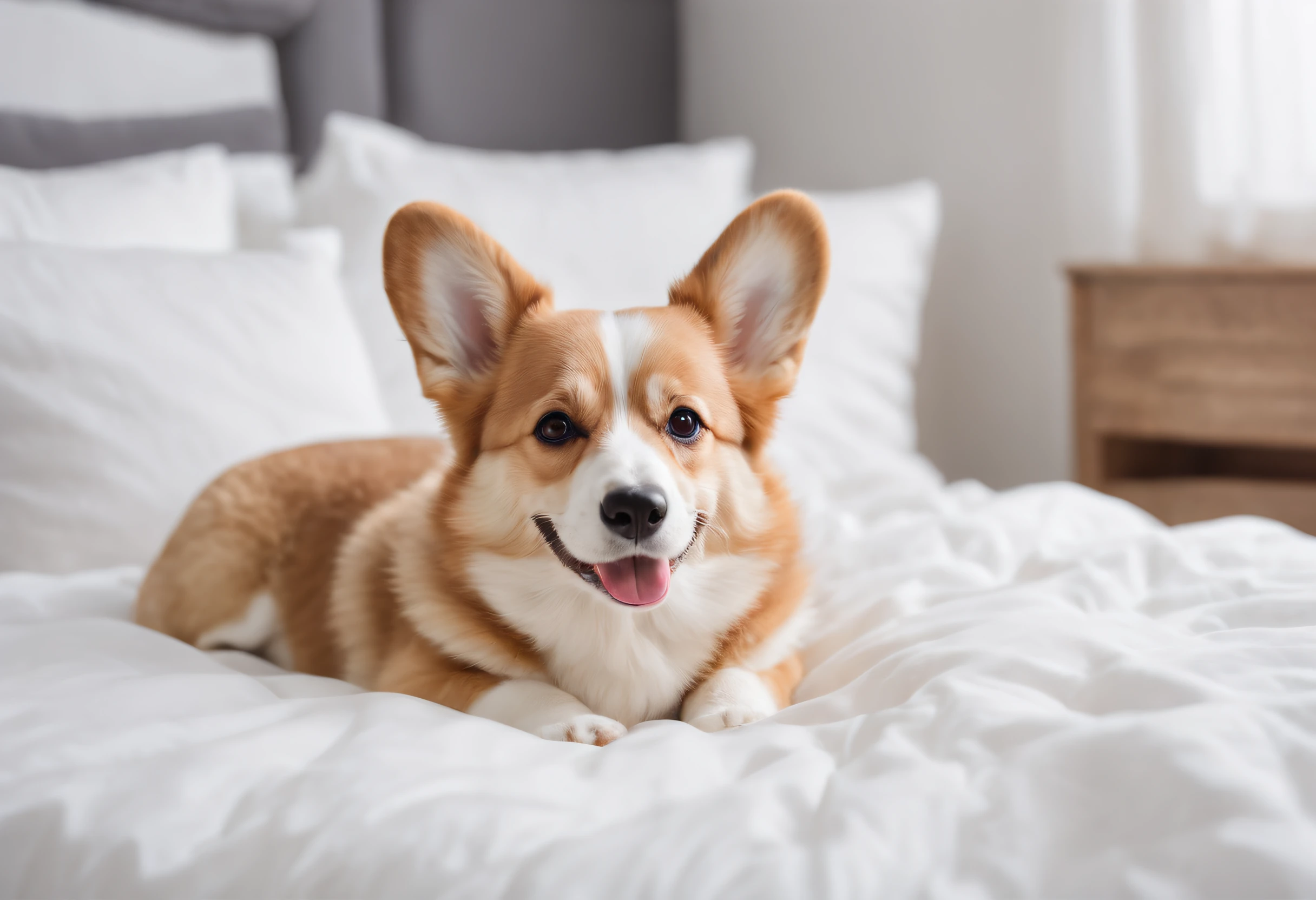 The Welsh Corgi lies in bed, Happy smile, Clear and realistic fur texture, 80s style, Fulll body Shot, high-quality photo.