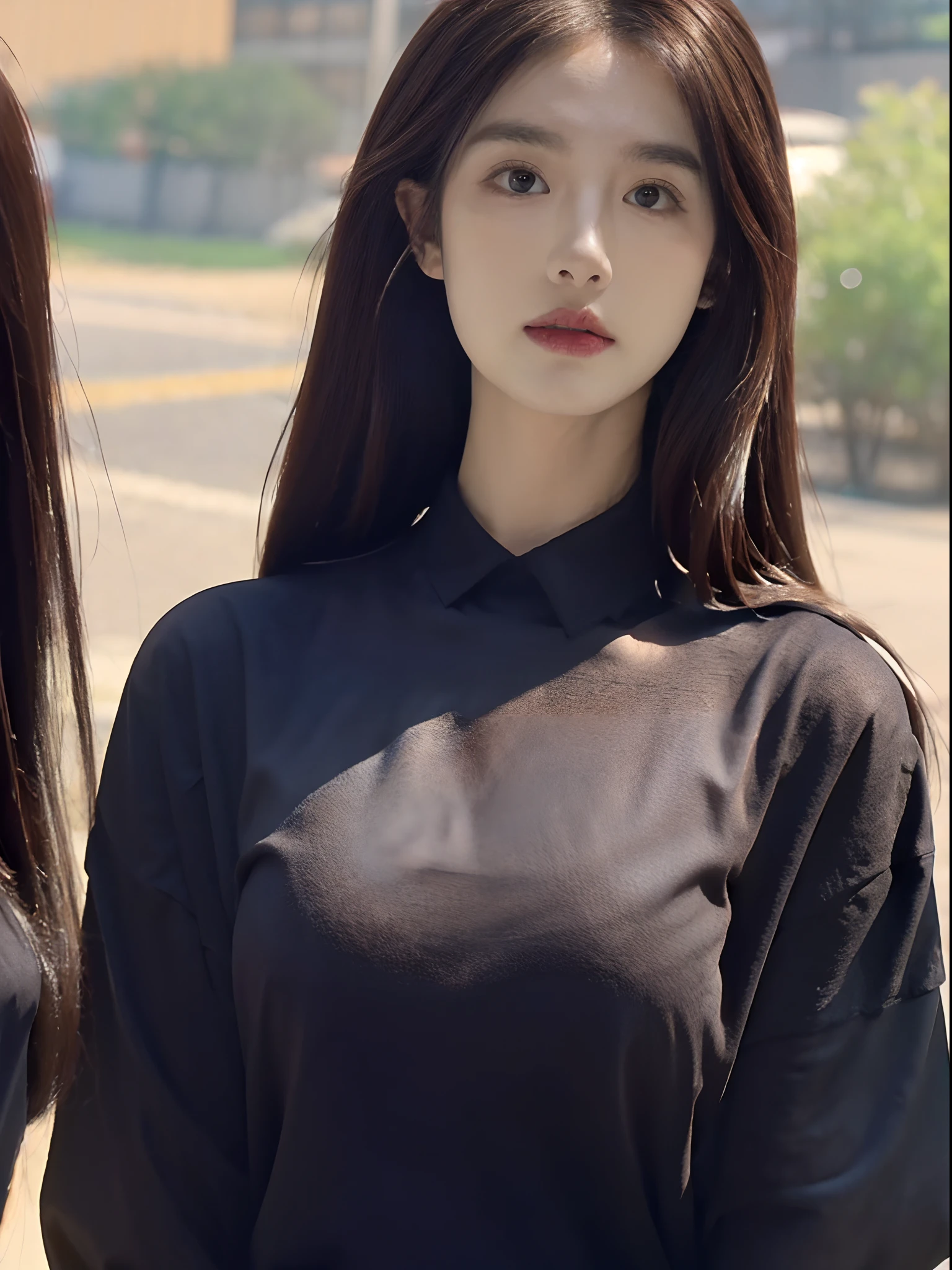 ((Realistic lighting、top-quality、8K、tmasterpiece:1.3))、Light focus:1.2、1girl in、perfect body type:1.4、Slim abs:1.1、((dark brown  hair))、(black shirt:1.4)、(outside of house、natta:1.1)、basketball playground、ultra thin face、Thin eyes、二重まぶた、Complete fitness body、Short clothing、Elegant features of the chest、Physical characteristics of the perfect role-playing model、Sexy traits in proof、 Geek tight and sexy fashion outfits、Perfect facial and body details and functions