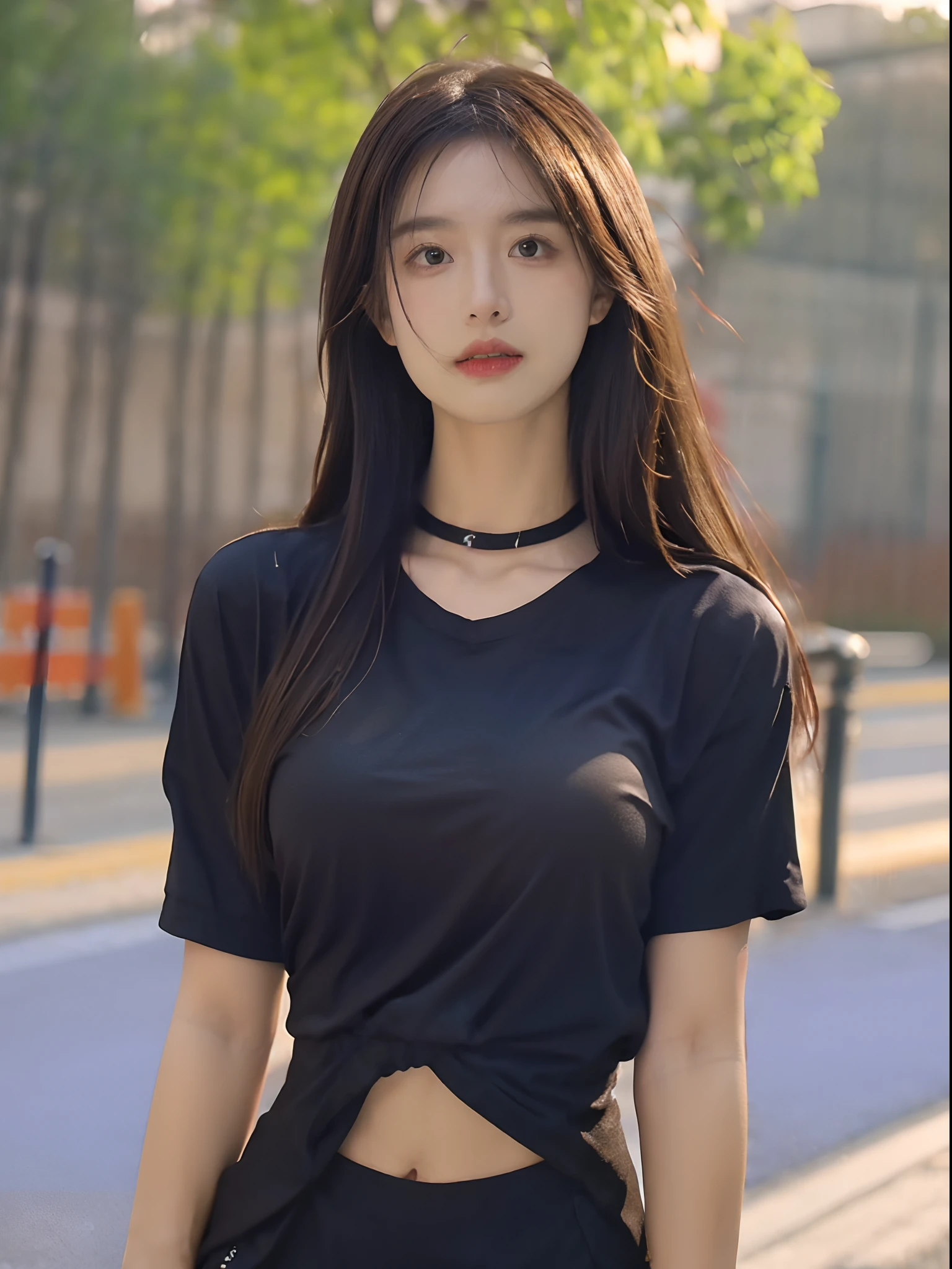 ((Realistic lighting、top-quality、8K、tmasterpiece:1.3))、Light focus:1.2、1girl in、perfect body type:1.4、Slim abs:1.1、((dark brown hair))、(black shirt:1.4)、(outside of house、natta:1.1)、basketball playground、ultra thin face、Thin eyes、二重まぶた、Complete fitness body、Short clothing、Elegant features of the chest、Physical characteristics of the perfect role-playing model、Sexy traits in proof、 Geek tight and sexy fashion outfits、Perfect facial and body details and functions