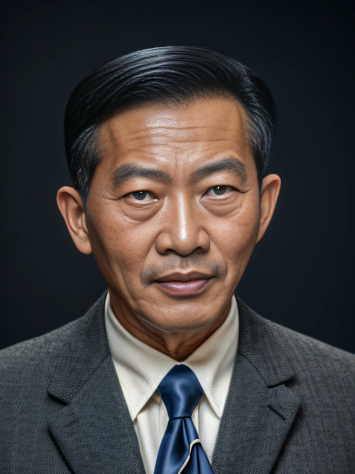 Highly realistic photo, image of a 50 year old Asian man, black suite, photo taken in 1965 with a Kodak camera, dark blue background, (no hands)