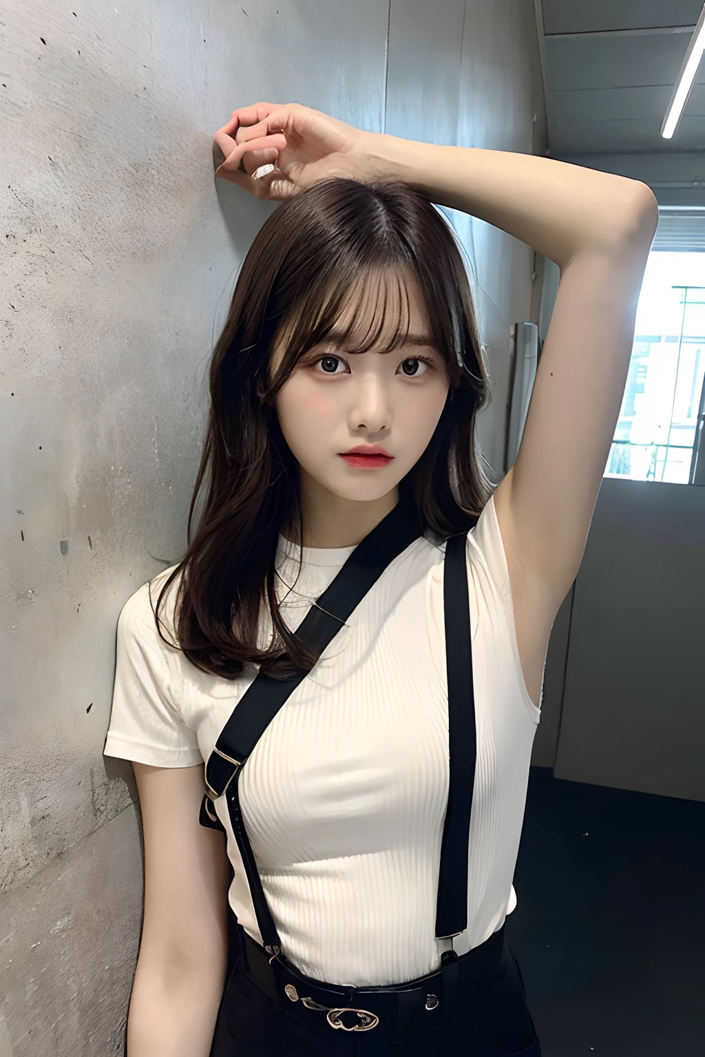 masterpiece、flat-colors、depth of fields、lens flare 1 girl、、Brown hair、watching at viewers a belt black suspenders huge-breasted Armpit sweat perspiring Side of both hands walls: Black pants, Gaze Small face Bangs Upper Eyes Aside Cutter Shirt