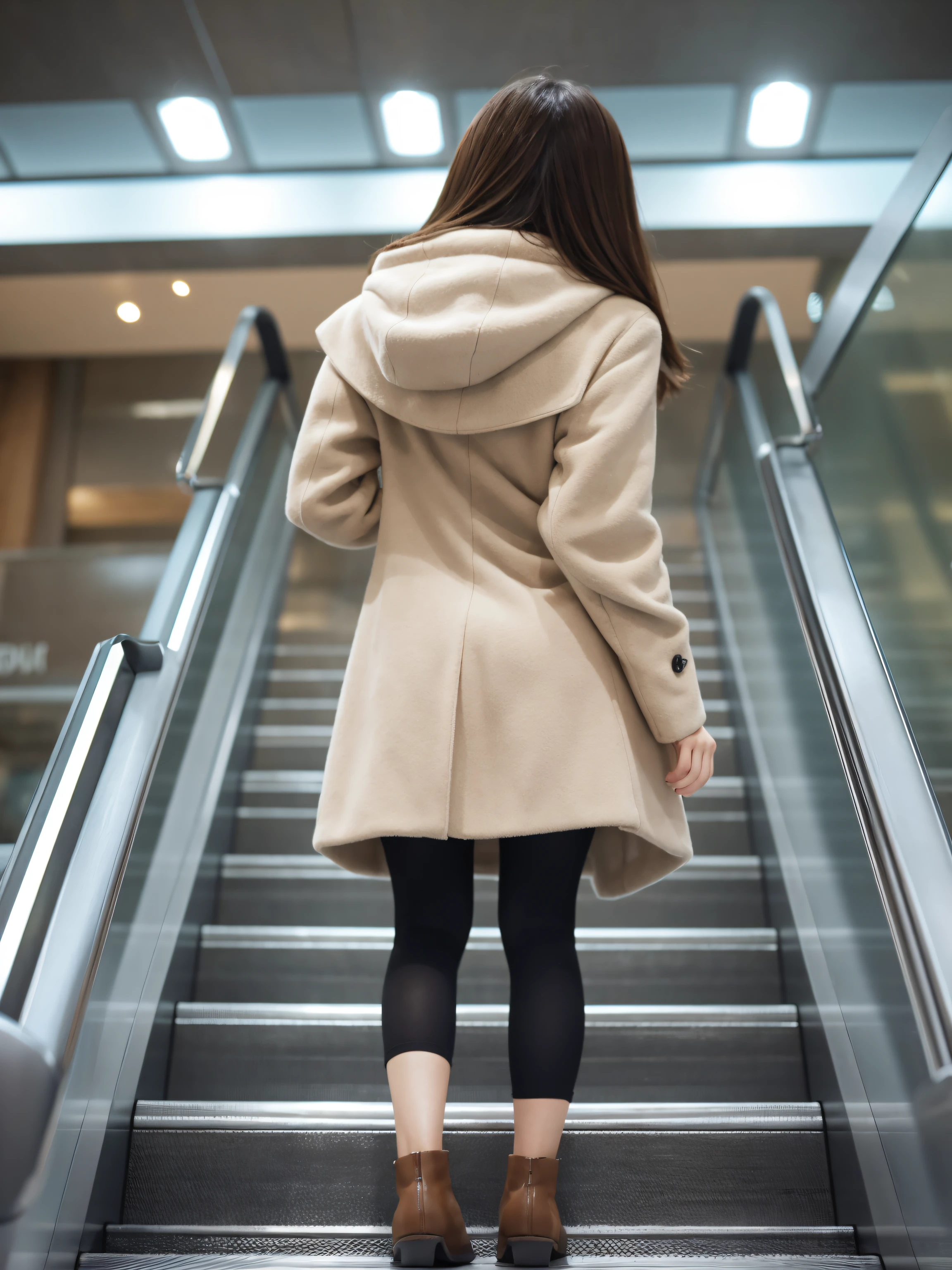 Up Escalator Skirt、short coat、bottom body close up、View from behind、Very low camera angle、Slouched、bent forward、Panchira