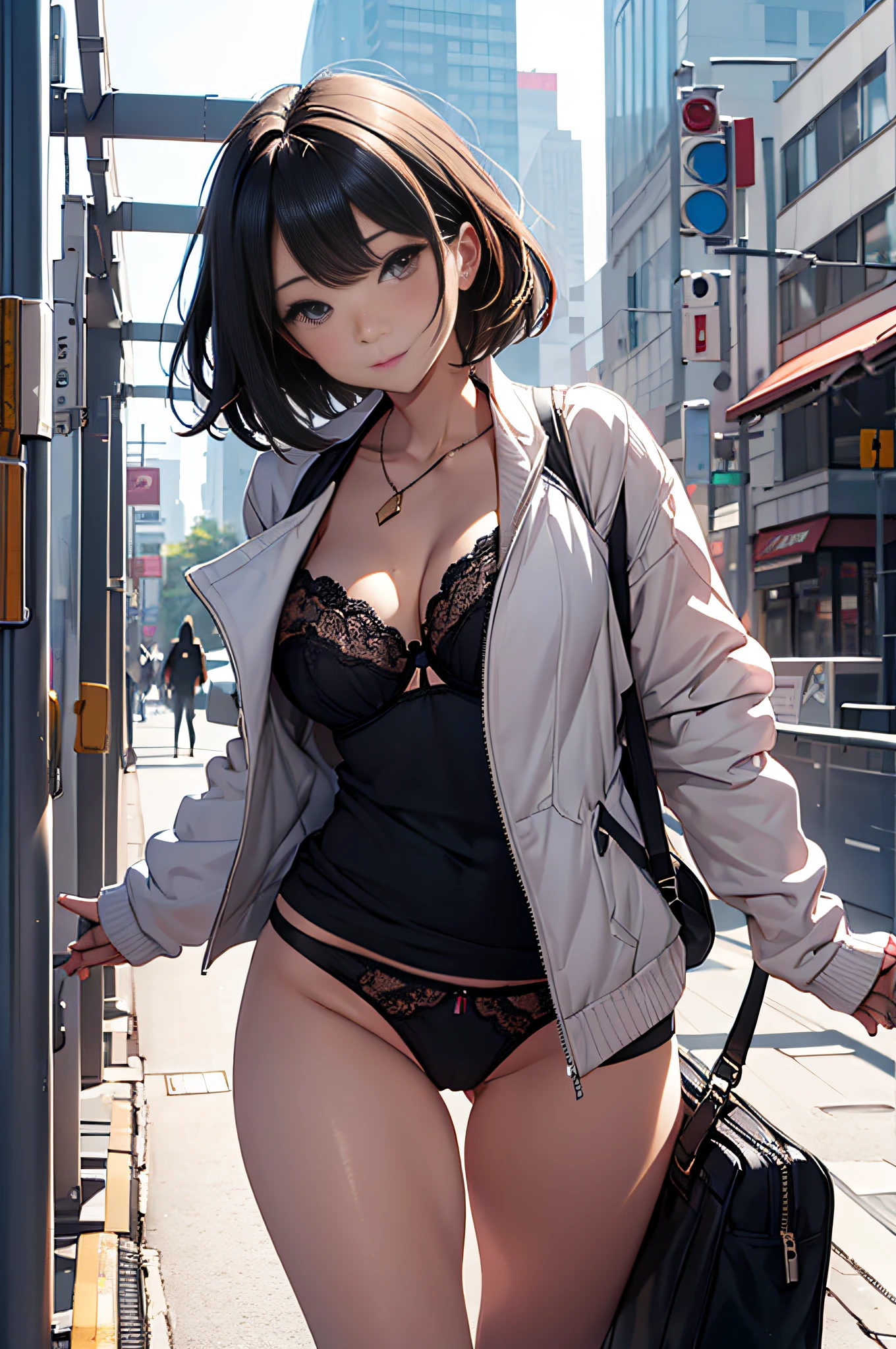 Woman in only fashionable panties and bra、It is supposed to be okay to wear one jacket、Bustling street、spread legs wide、showing off her panties、He sighs happily with his face exposed、Heart is not here、Your mouth is unconsciously open.、super low angle、Focus on the crotch、Show off with a big stride on the pedestrian bridge、I'm going to show my pubic hair today、