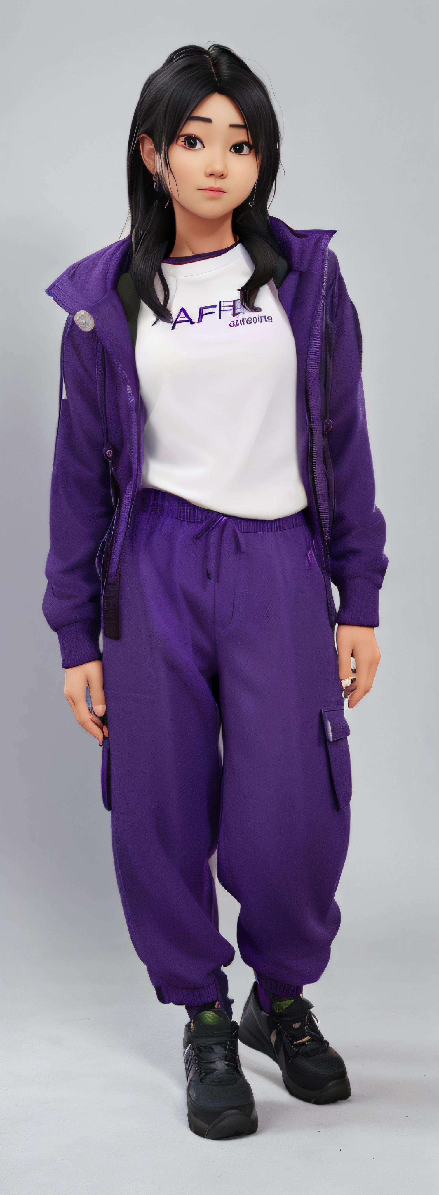 arafed asian woman in purple pants and a white shirt, baggy purple overall shorts, purple overall shorts, purple clothes, photograph of a techwear woman, 2 techwear women, with two front pockets, clothes in the style of 1 9 9 0, purple jacket, purple outfit, wearing a purple sweatsuit, wearing space techwear, dark purple garments