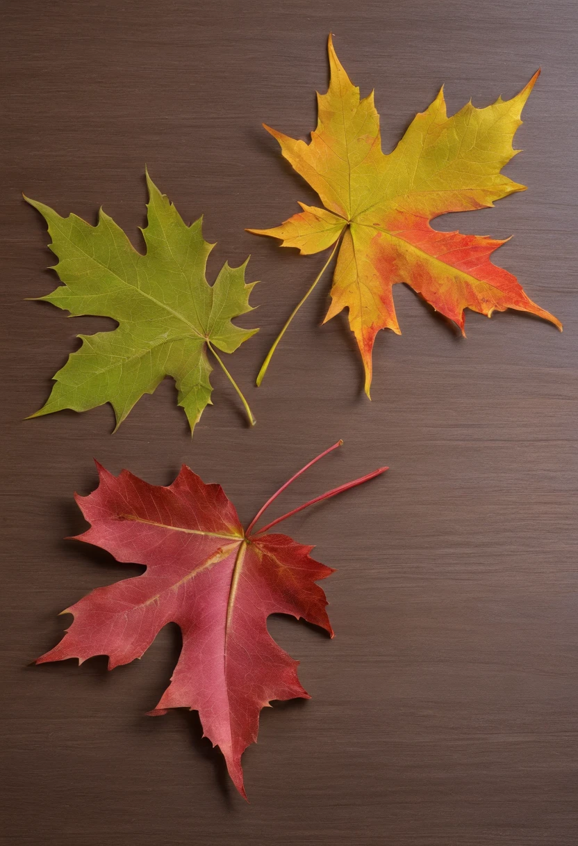 A serene educational setting showing only three maple leaves arranged on a classroom desk. Each leaf is inscribed with different Chinese characters, conveying motivational messages. The leaves are bathed in a soft, warm light, emphasizing the rich hues of the maple and the thoughtful messages, designed to inspire and uplift the viewer.