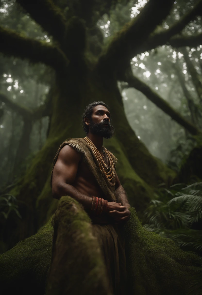 (homem jungle people tribes com cabelos brancos e barba curta), (olhos brancos brilhantes), In a gloomy forest with giant trees and beings hidden among the branches, 8k, alta qualidade