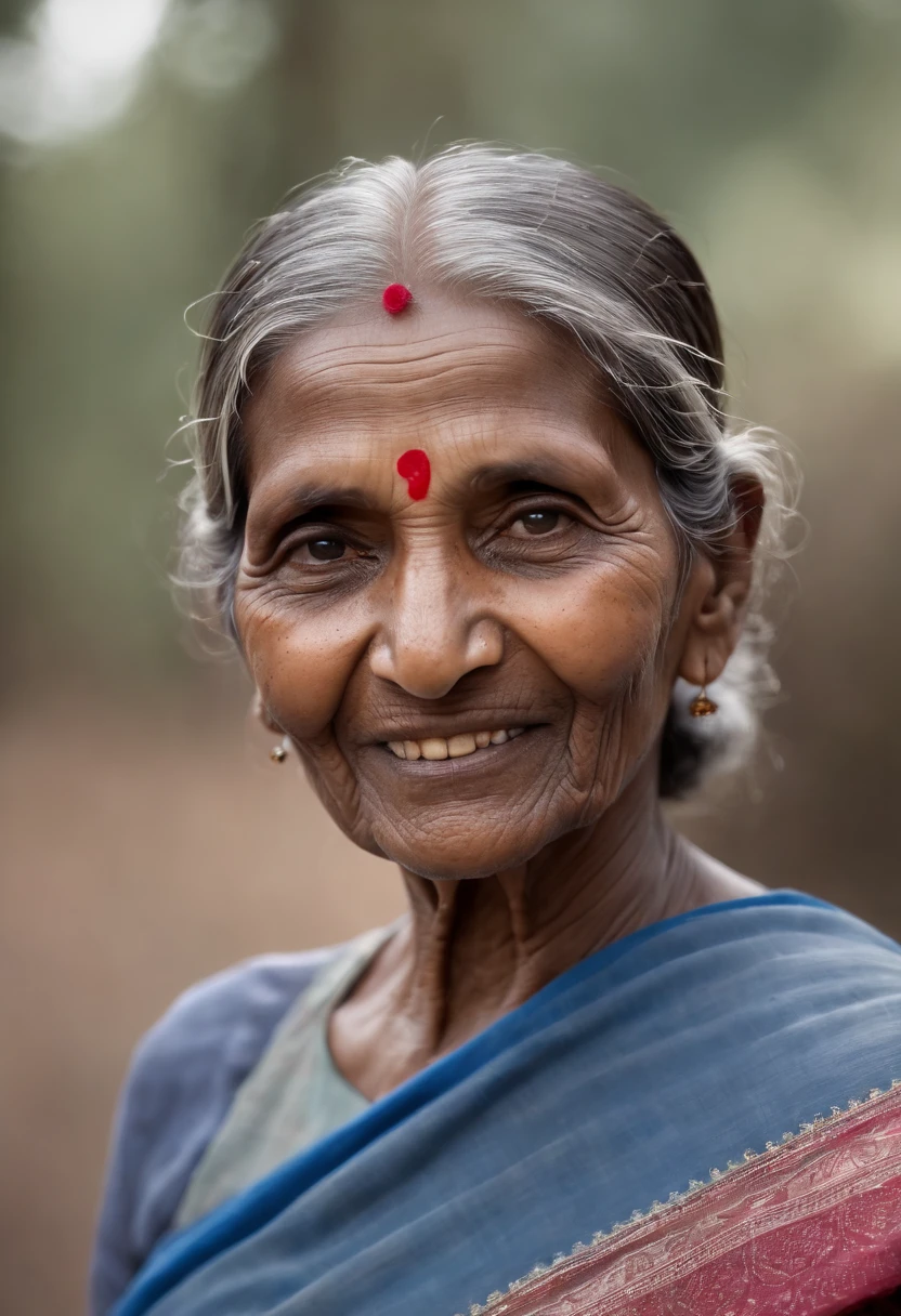 A very old Indian dark-skinned rural woman with a lot of wrinkles, smiling at the camera