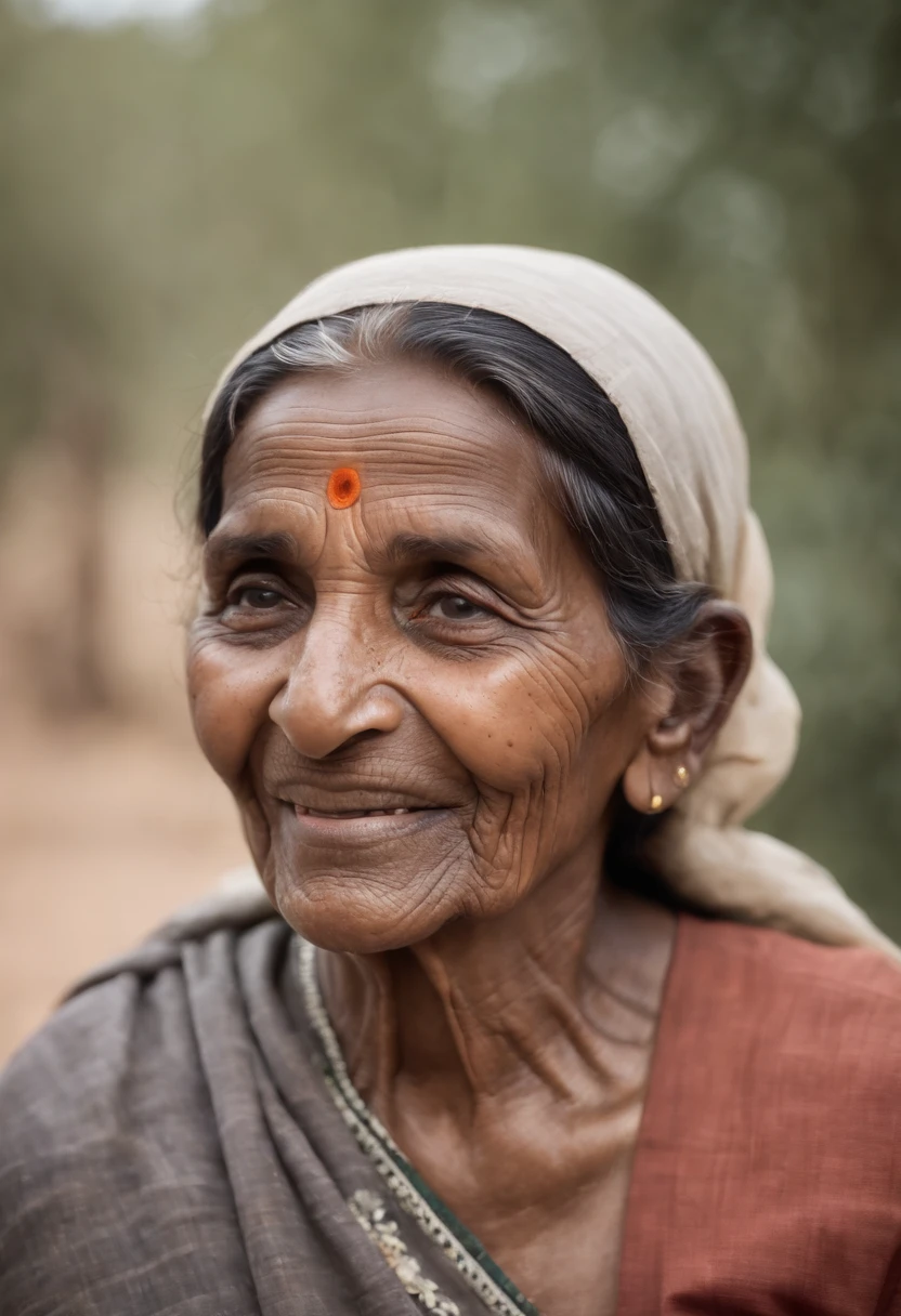 A very old Indian dark-skinned rural woman with a lot of wrinkles, smiling at the camera