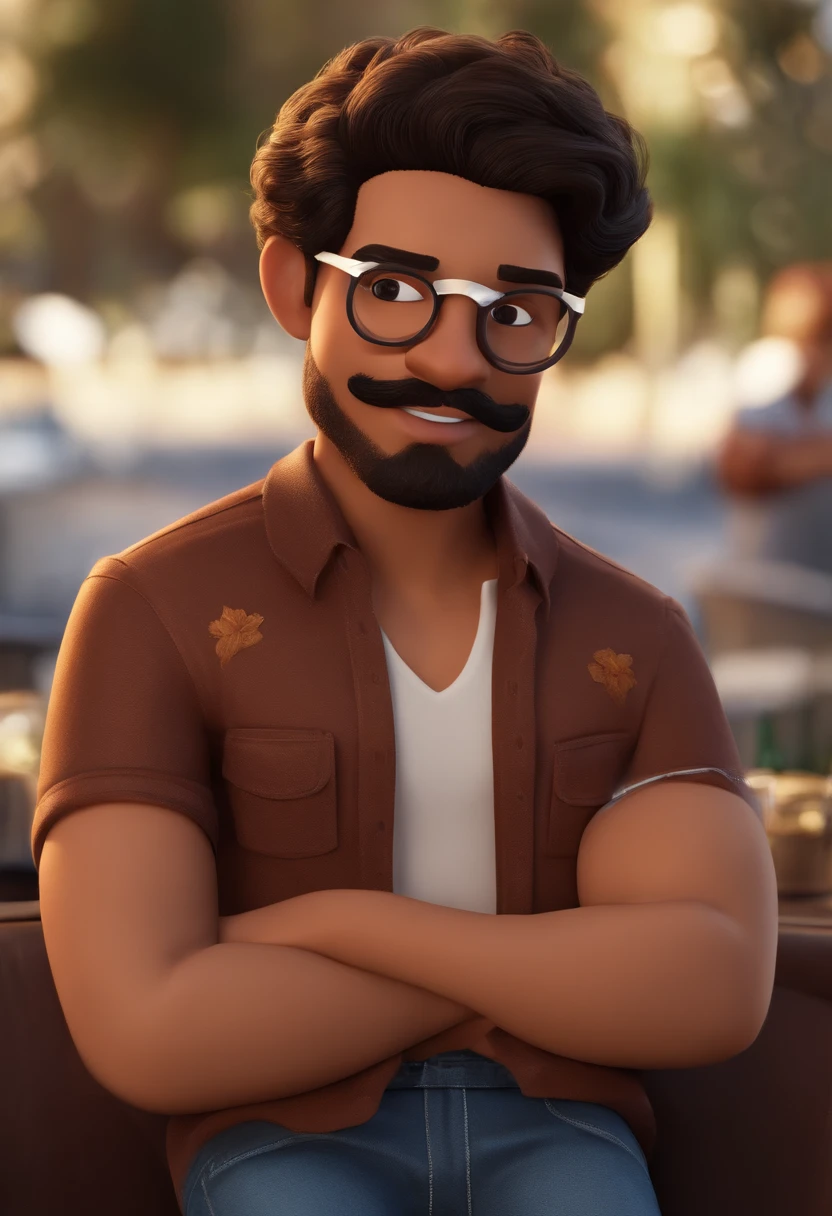 Um filme inspirado na Disney Pixar (JOVEM DE PELE BRANCA, POUCA BARBA, BIGODE, brown glasses, USANDO UMA BENGALA PRETA, CAMISA ESTAMPADA, CALÇAJEANS ETÊNIS) dentro A cena estar na arte distinta do estilo PIXAR, descolada e estilosa, USING IMAGE TITLE WITH WES GUIMARÃES
