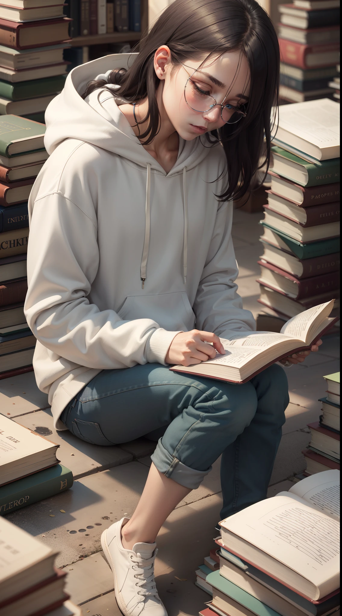 Find you reading on the ground in a pile of books full of books 1People, Wearing a white hoodie, Sitting on the floor,8K