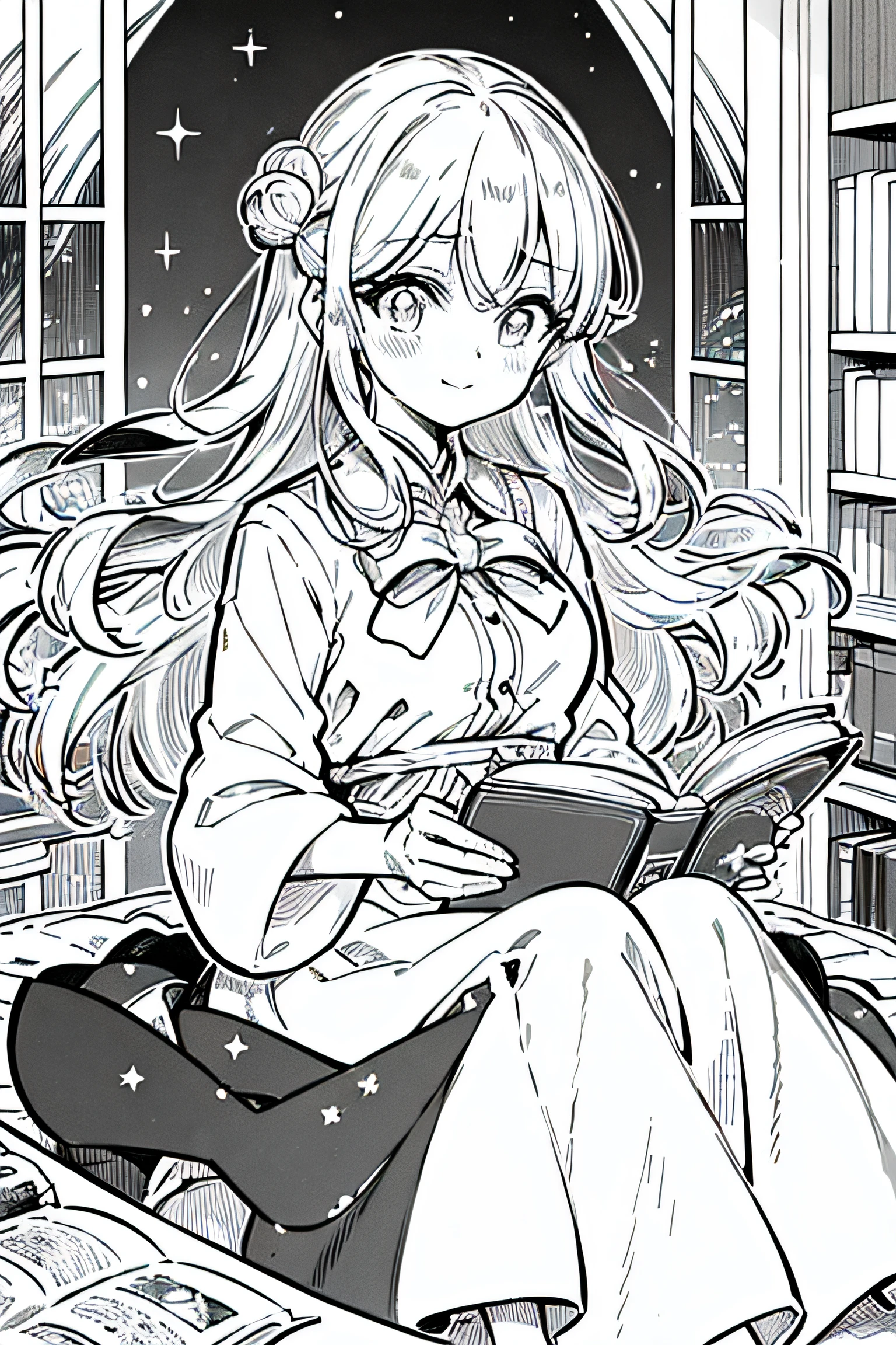 Cute princess、night sky full of stars、Reading a book on the windowsill, lightly smile on her face, she's enjoying read this book, (Best Quality:1.3), (high resolucion:1), (detailed:1.3), (astonishing:1.3), (perfect:1.3), (perfection:1.3), (Illustration:1.3),manga, lineart, manga style, black and white