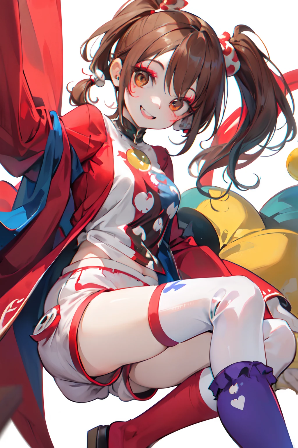 1GIRL, insane clown girl, laughing hesterically, sharp big smiling teeth, finely detailed, (best quality), (intricate details), cute style, loli, jester style, multicolored, circus background with red curtains, place on fire hell, ((long brown hair in pigtails)), best quality, ((long sleeve shirt and shorts)), ((red and white clothes)), ((jester style clothes)), ((thigh high socks)), ((round eyes)), ((has jester makeup)), beautiful face, happy, cute face, pinup, perfect face, simple background portrait