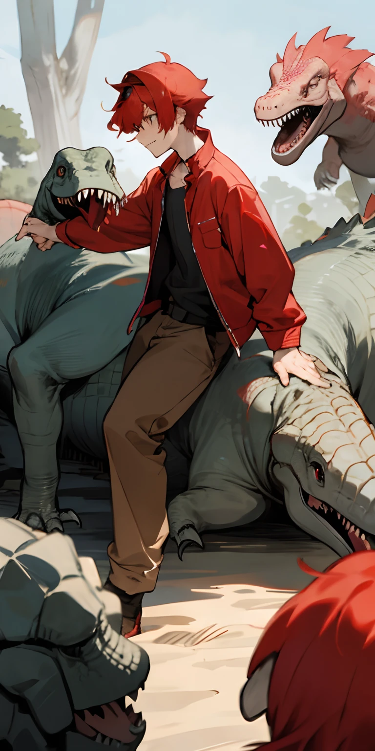 1 red-haired boy surrounded by dinosaurs
