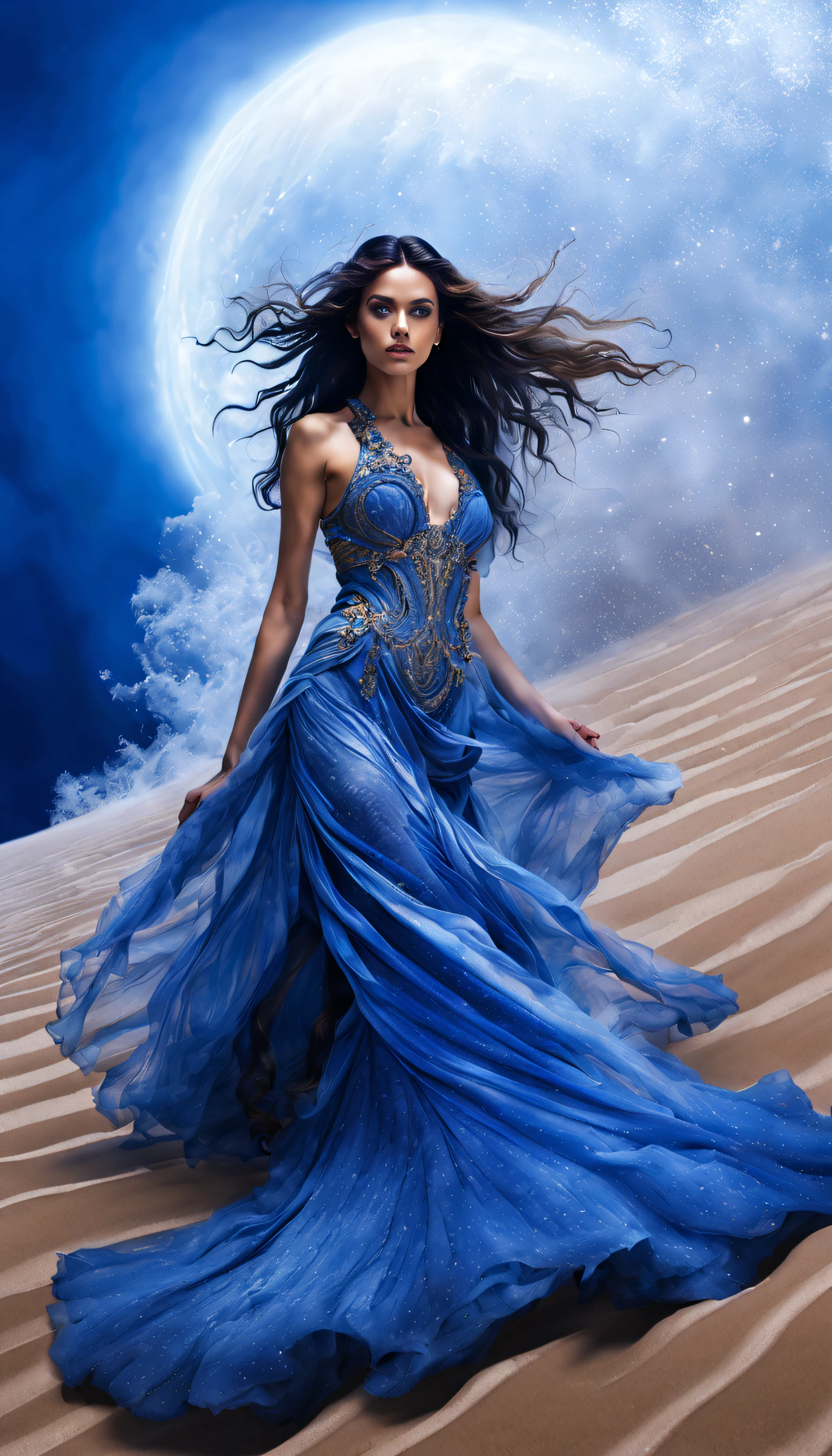 (Photograph of a female model in sapphire blue ocean haute couture standing in the desert）,Haute couture, Witch costume
background：Jupiter，reef，Sand and foam are swirling，Blue swirling sand and foam, Dust swirls like foam,
absurdly long hair, longeyelashes, bright pupils, lonely, projected inset, zoom layer, ray tracing, god rays, UHD, masterpiece, retina, anatomically correct, textured skin, super detail, high details, high quality, award winning, best quality, highres, 8k