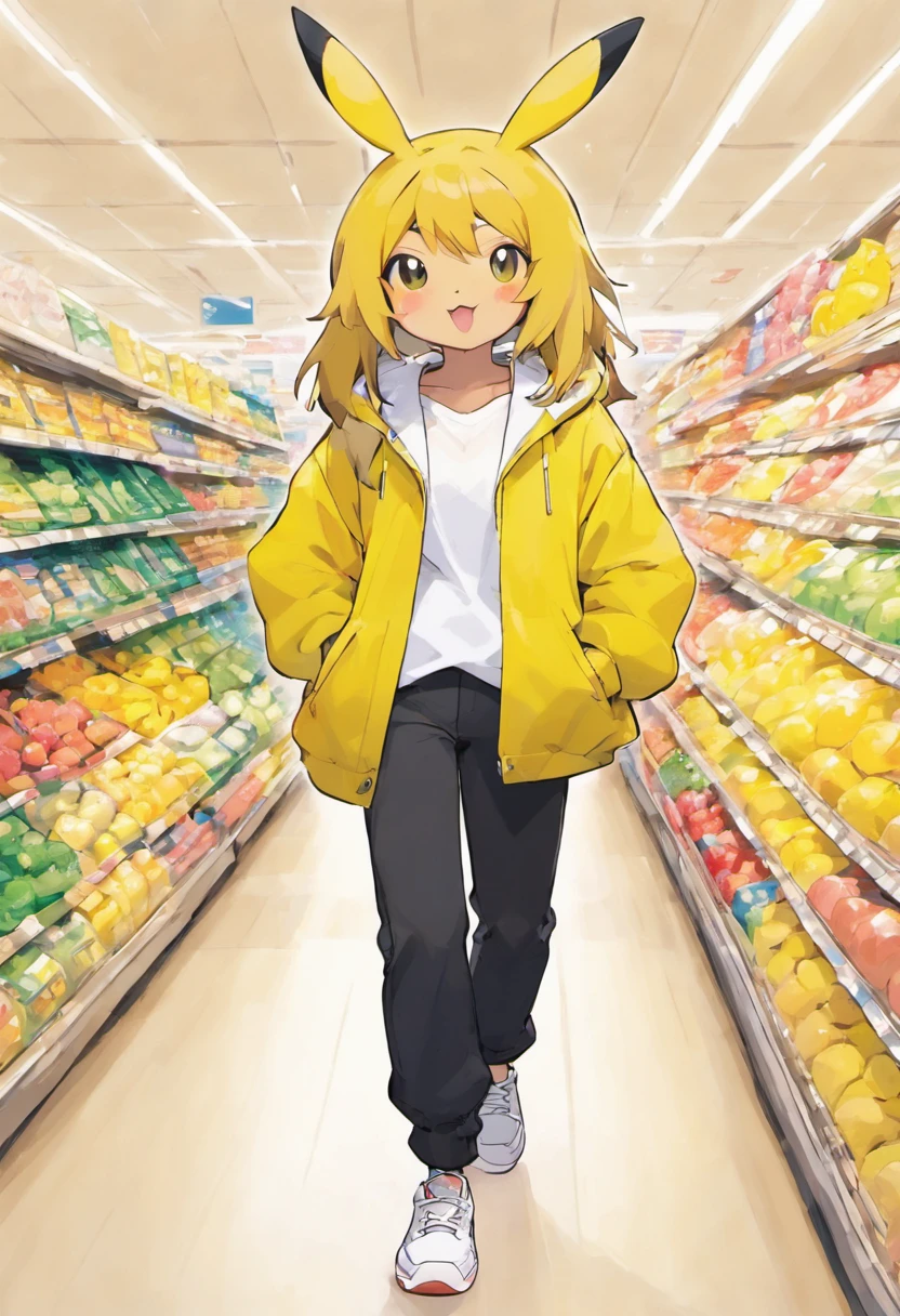 Pokémon: Pikachu is wearing a white shirt, a yellow jacket, black pants, and white sneakers at the supermarket