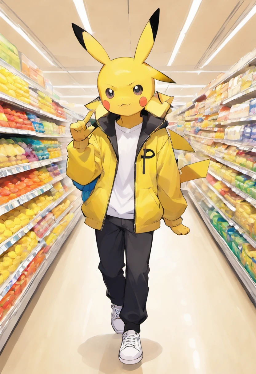 Pokémon: Pikachu is wearing a white shirt, a yellow jacket, black pants, and white sneakers at the supermarket