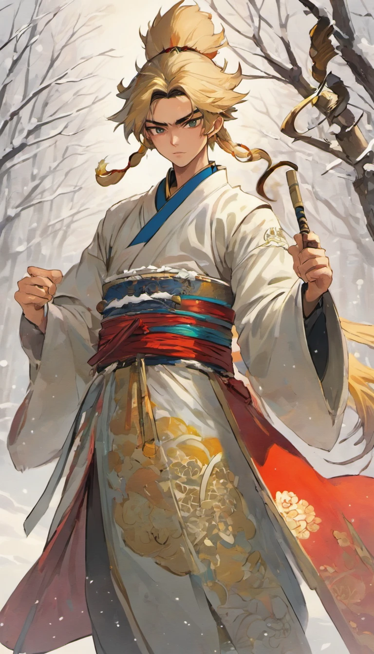 (tmasterpiece,best qualtiy,超高分辨率,Detailed details,high detal,Man),A beautiful 25 year old man, An ancient Chinese swordsman holds a sword,Plain white cloth clothes,Snowy background,heroic look,Eyebrows are clear,Wearing a straw hat,Wearing a cassock,inspired by Shunkōsai Hokushū,in the artistic style of mohrbacher,Inspired by Ryūkōsai Jokei,in style of peter mohrbacher