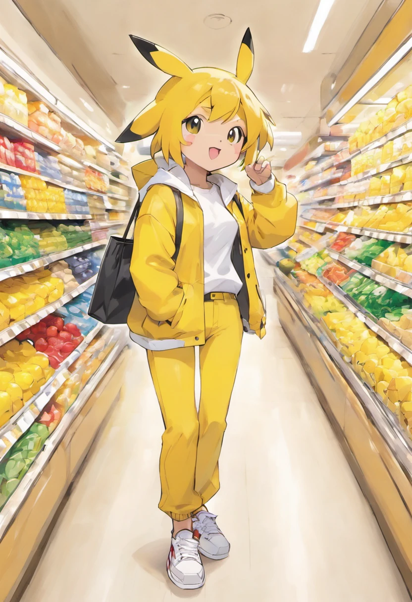 Pokémon: Pikachu is wearing a white shirt, a yellow jacket, black pants, and white sneakers: Pikachu was wearing a white shirt, a yellow jacket, black pants, and white sneakers, and was shopping at the supermarket with a shopping bag