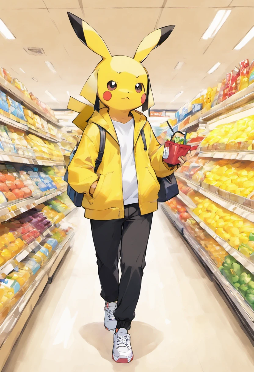 Pokémon: Pikachu is wearing a white shirt, a yellow jacket, black pants, and white sneakers: Pikachu was wearing a white shirt, a yellow jacket, black pants, and white sneakers, and was shopping at the supermarket with a shopping bag