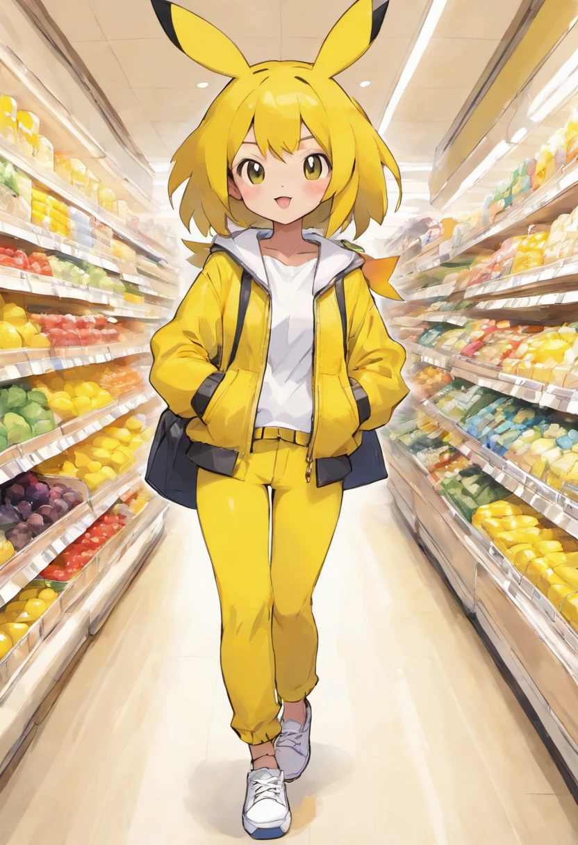 Pokémon: Pikachu is wearing a white shirt, a yellow jacket, black pants, and white sneakers: Pikachu was wearing a white shirt, a yellow jacket, black pants, and white sneakers, and was shopping at the supermarket with a shopping bag