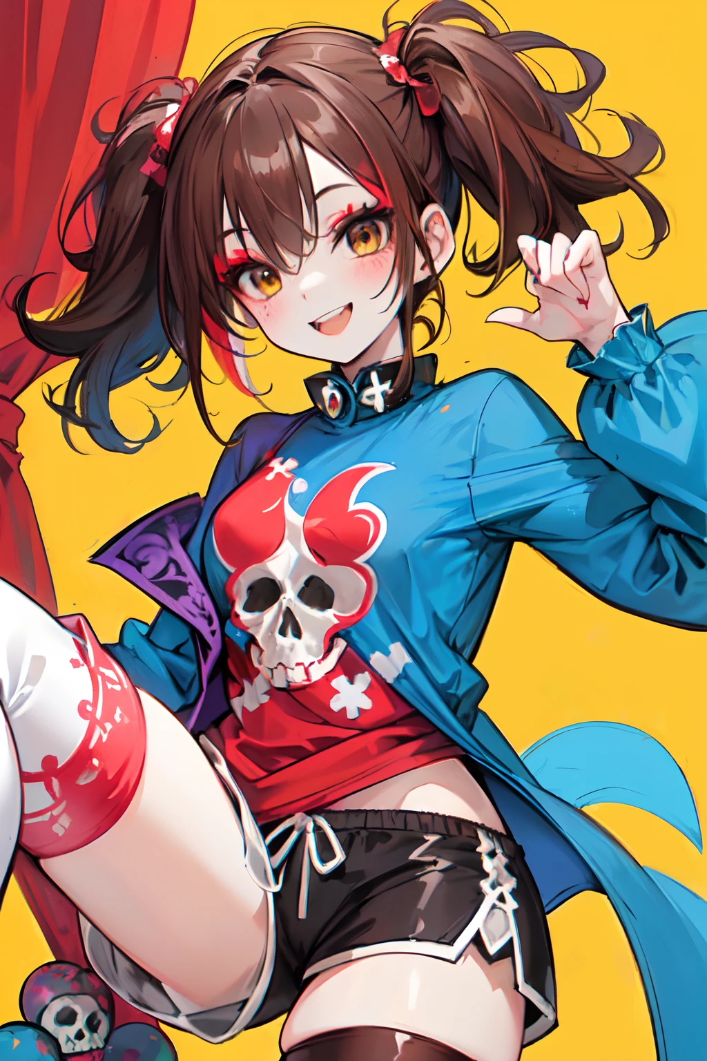 1GIRL, insane clown girl, skull face, halloween theme style, laughing hesterically, sharp big smiling teeth, bomb, finely detailed, (best quality), (intricate details), cute style, loli, jester style, multicolored, circus background with red curtains, place on fire hell, ((long brown hair in pigtails)), best quality, ((long sleeve shirt and shorts)), ((red and white clothes)), ((jester style clothes)), ((thigh high socks)), ((round eyes)), ((has jester makeup)), beautiful face, happy, cute face, pinup, perfect face, simple background portrait