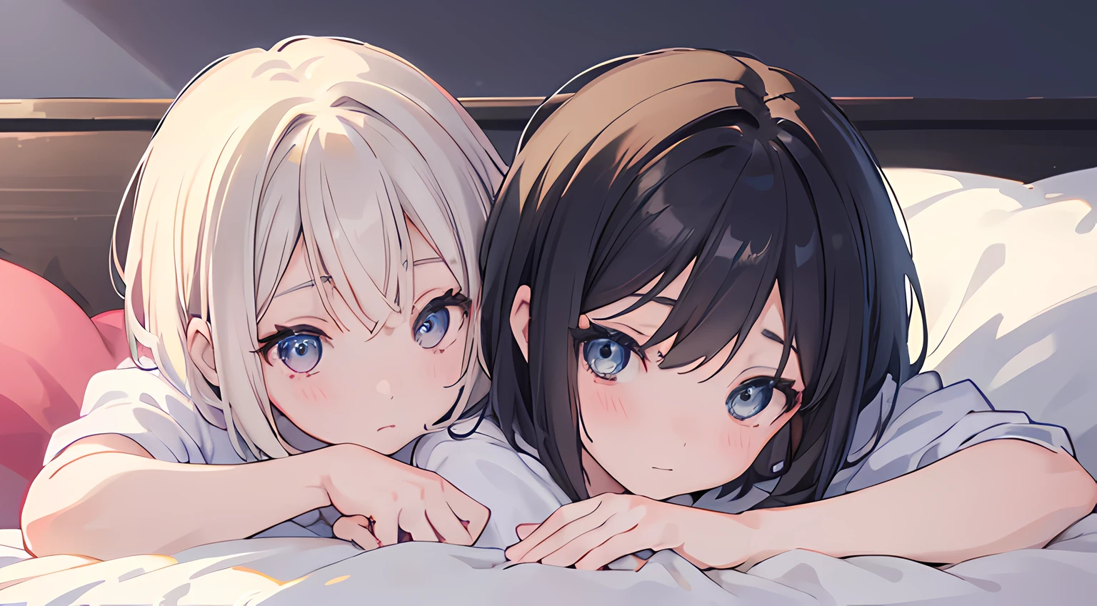 2 girls, (beautiful eyes finely detailed, short hair with different colors), wearing different outfit, laying down in bed, teasing facial expression, looking at the camera, blush on their face, master piece, sidelighting, top-quiality, detailed, full body photos, High Resolution anime illustration