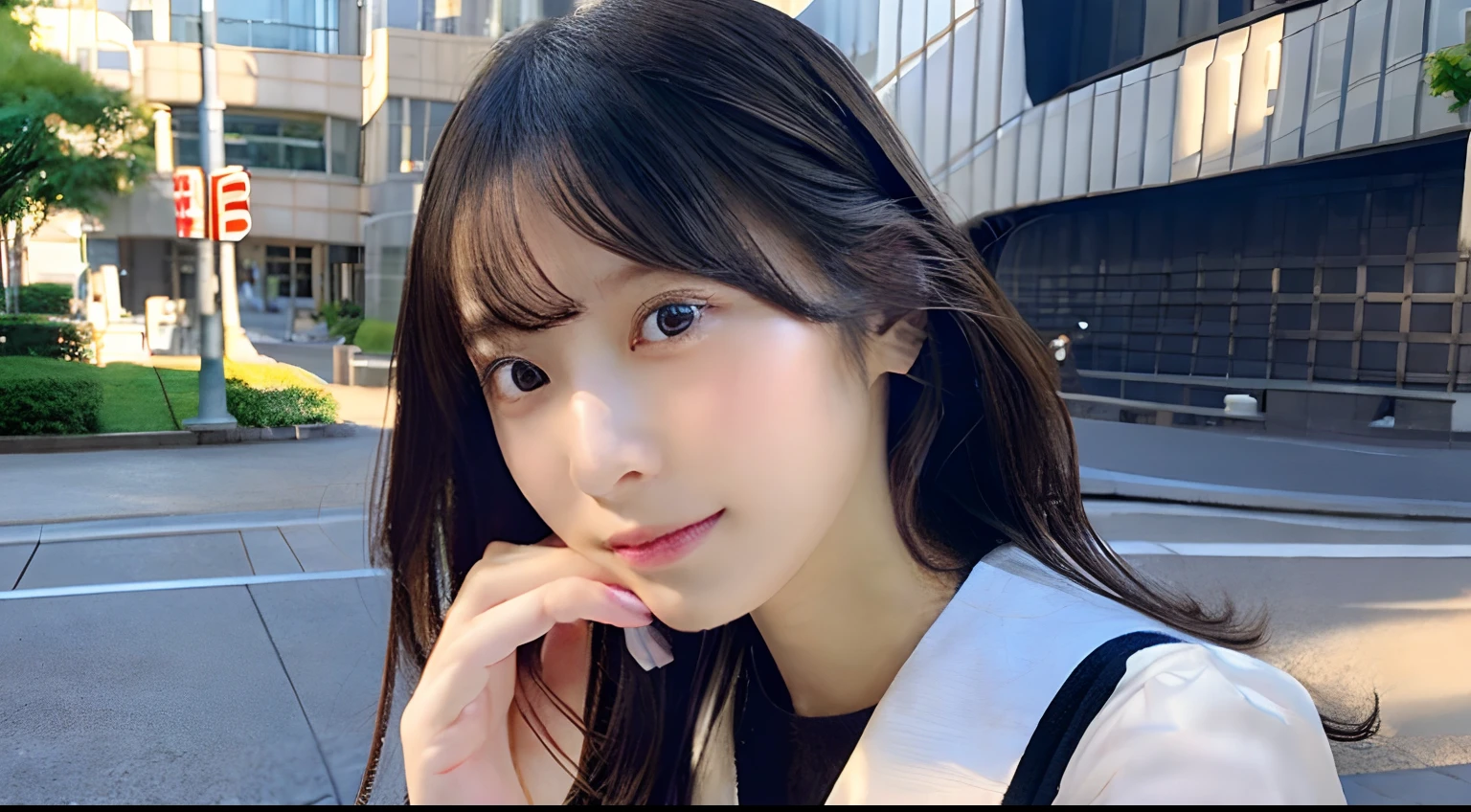 (top-quality、8K、masterpiece、Intricate details:1.3),1girl in,With an angle of view where you can see the upper body,looking in camera,pale-skinned、Fumika Baba、random hair styles、huge tit:1.2、Tokyo in the afternoon、dressed casually、hyperdetailed face、A detailed eye、二重まぶた