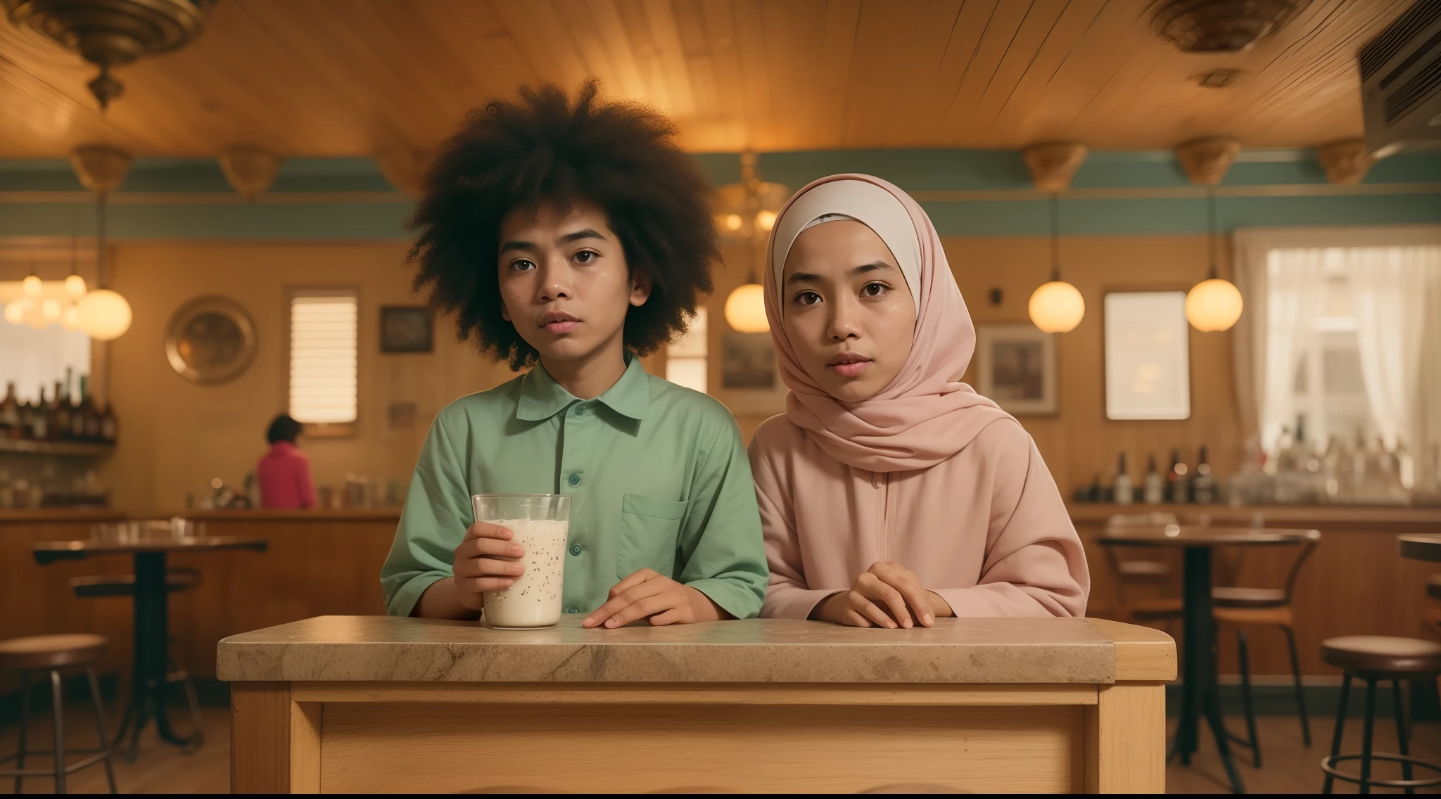 Little malay boy with big afro and 1 little malay girl in hijab seat in a bar stool drinking milk, in the style of Grand Budapest Hotel directed by Wes Anderson raise hand, photo taken using Panavision DXL2, 28mm lens, Establishing shot, muted color grading, cinemascope, drama, high quality, ultra detailed, 8k resolution,