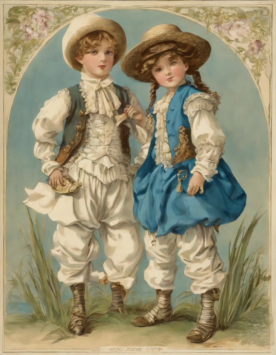Gilet blanc,Straw Hat Hat,Blue cloth pants,Two-headed body,Inch-headed boys,Black eyes,In the reeds