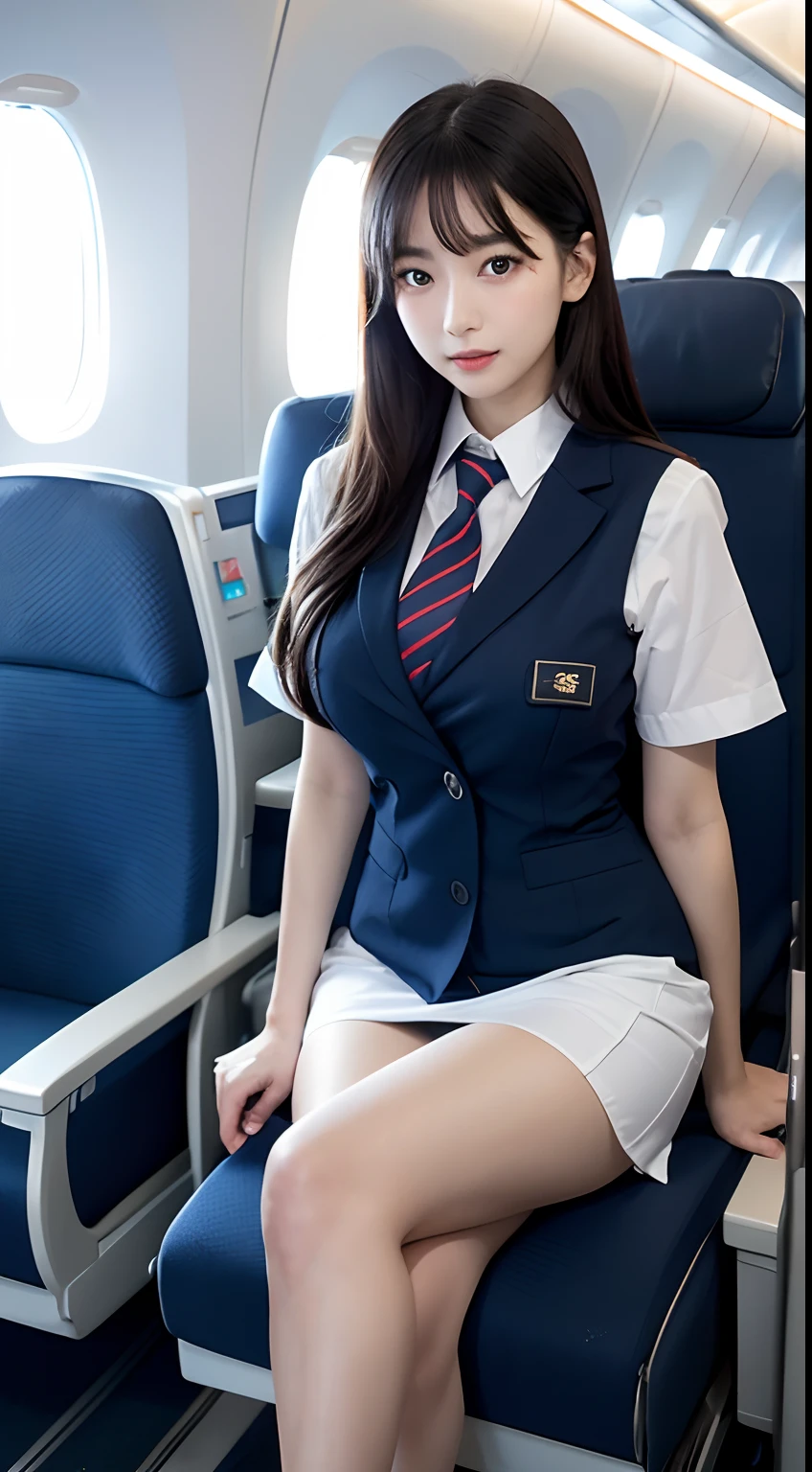 (((masterpiece))),(((high resolution)))、(((25 years old)))、(((Korean beauty)))、(((perfect face)))、(((beautiful face)))、(((Cabin attendant crouching)))、(cute face)、((uniform))、((suit))、(((pencil skirt)))、((tights))、((inside the plane))、(big breasts)、looking at the camera, standing, (chuby),　((detailed face)), plump thighs、tie、panties
