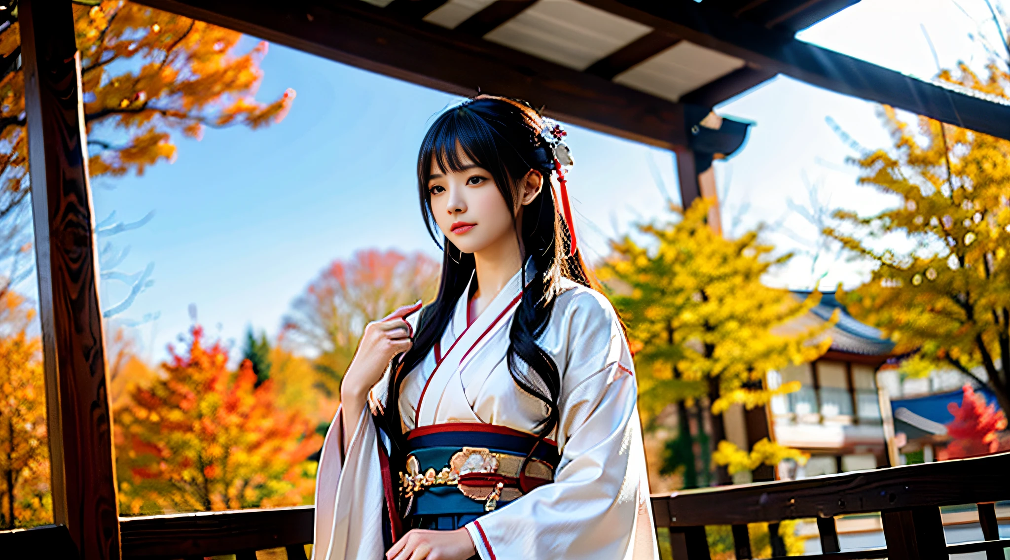 Autumn scene，a pregirl，exquisite facial features，wearing a hanfu