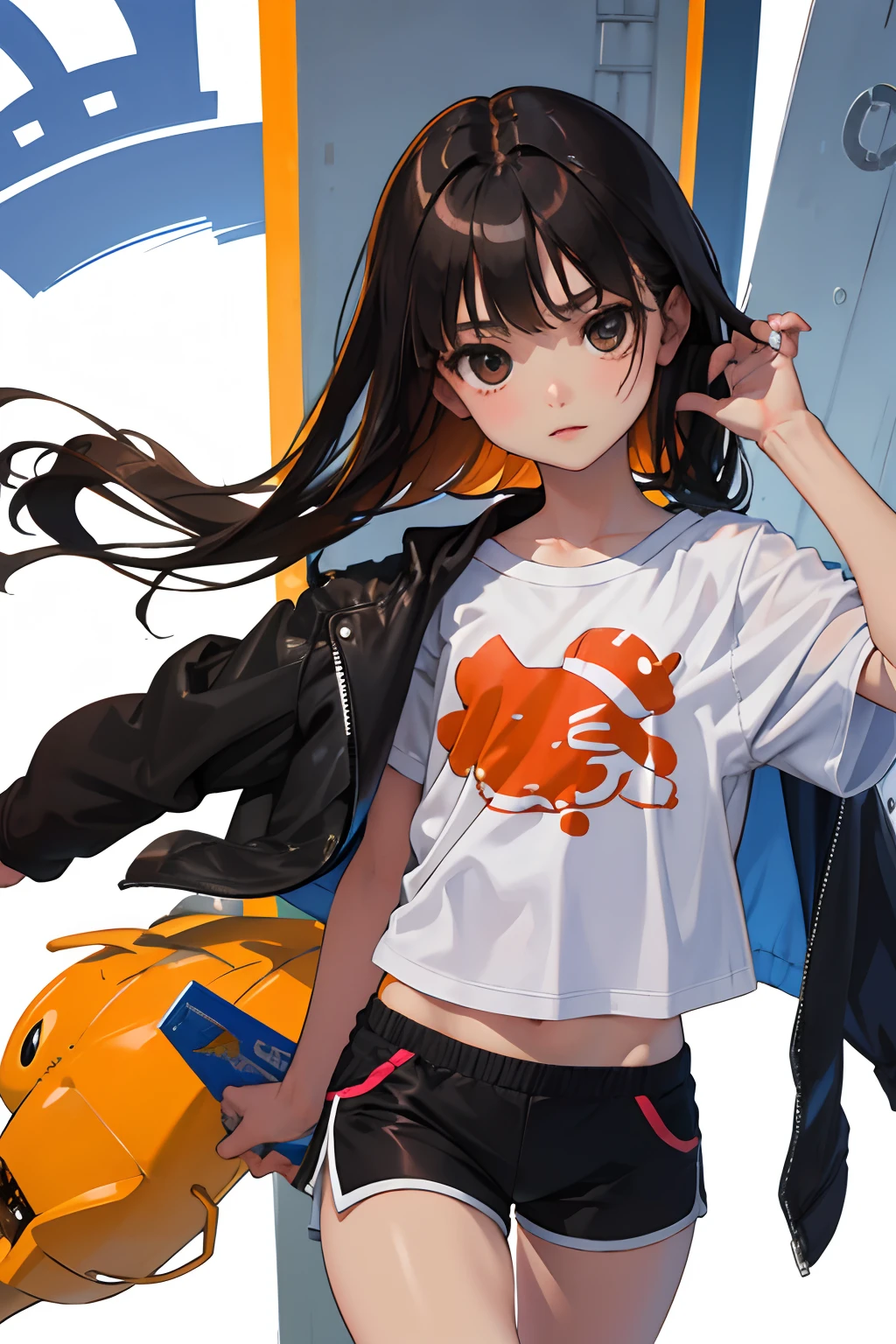 (child)，（​masterpiece，Highest Quality），(Brown roll-up shorts)，A dark-haired