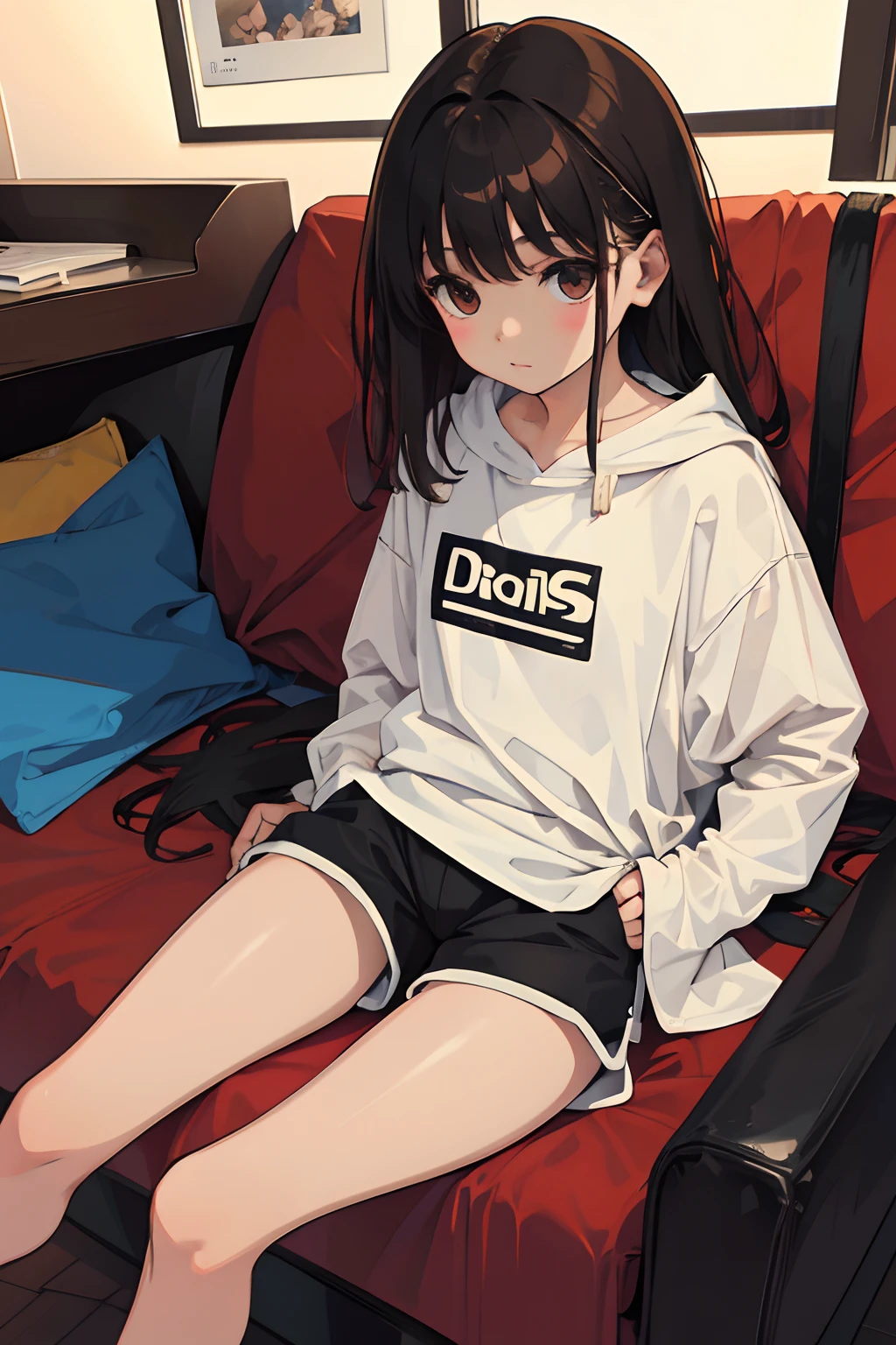 (child)，（​masterpiece，Highest Quality），(Brown roll-up shorts)，A dark-haired