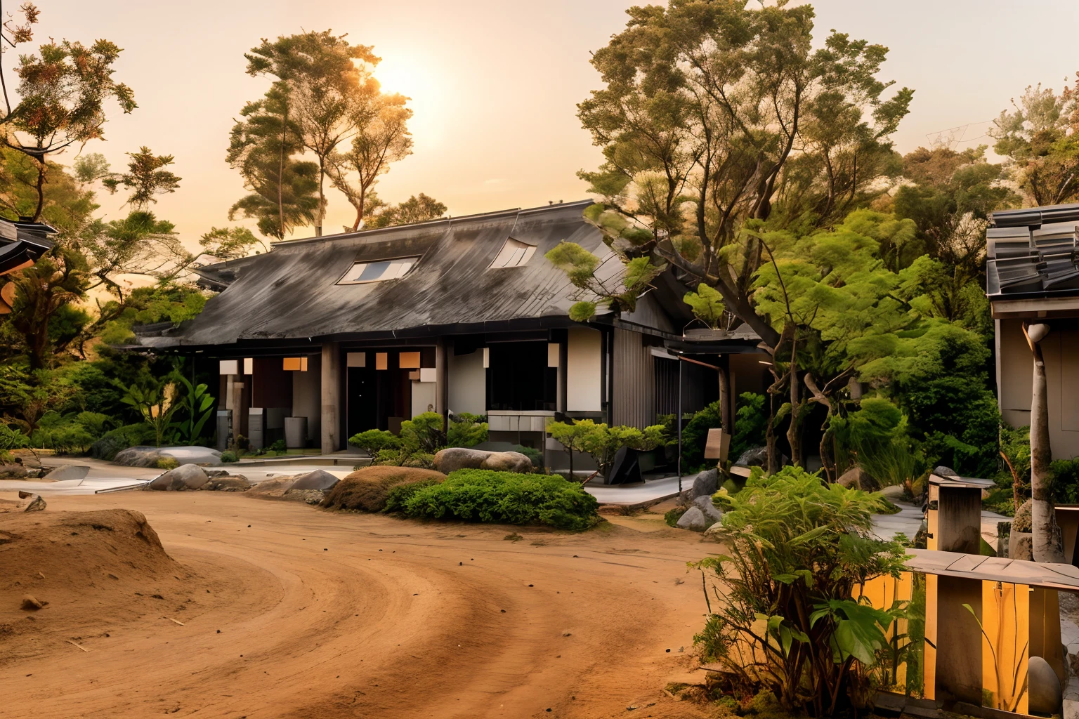 Simple, sunset, Japanese landscape, modern house