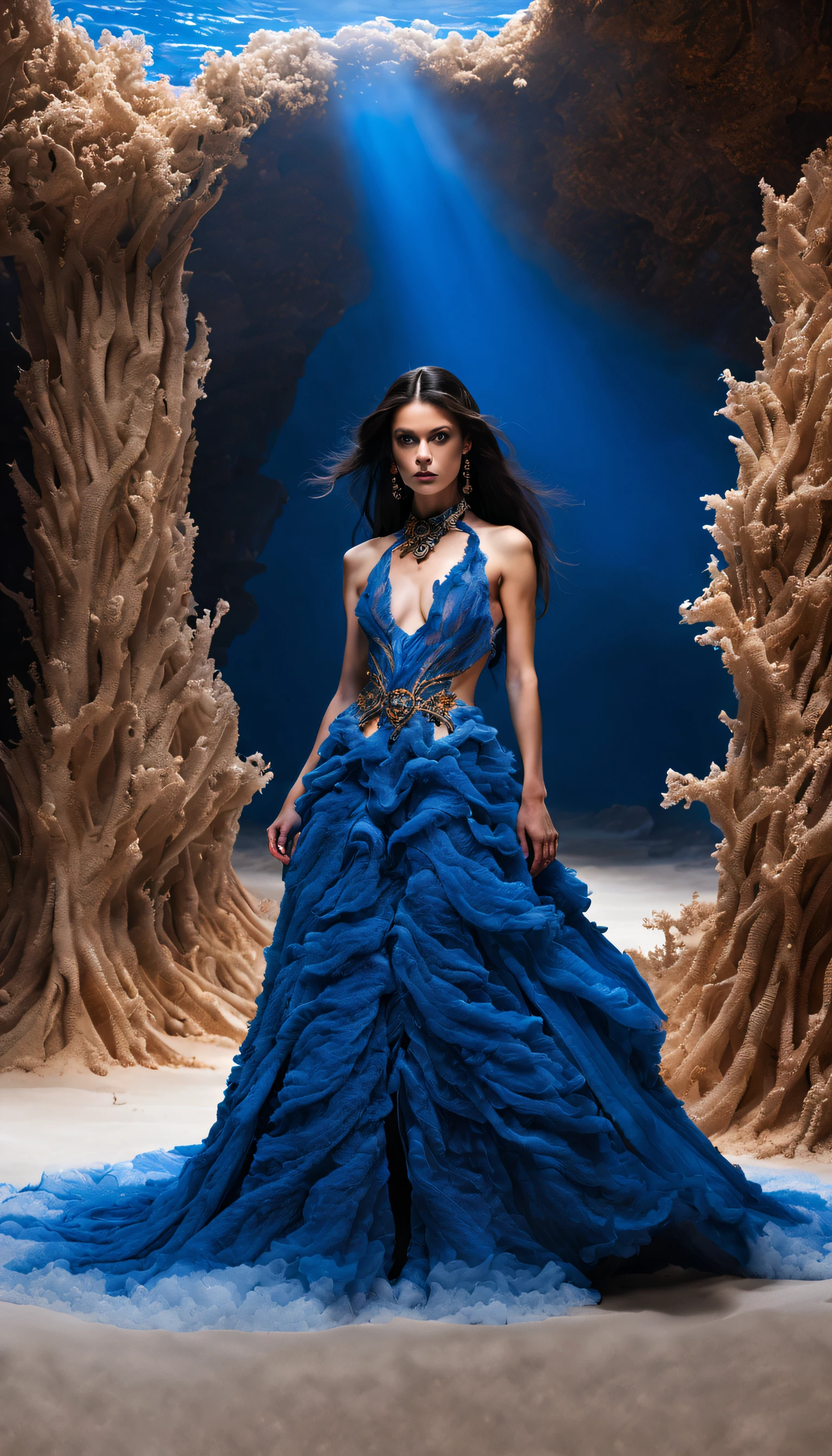 (Photograph of a female model dressed in sapphire blue marine haute couture standing on a T-shaped stage covered with sand and reefs）,Haute couture, Witch costume
background：Lots of spectators，Jupiter，Recife，Sand and foam are swirling，Blue swirling sand and foam, Dust swirls like foam,
Absurdly long hair, long eyelasher, Bright pupils, Lonely, projected inset, zoom layer, Ray tracing, god light, hyper HD, Masterpiece, retinas, Anatomically correct, Textured skin, Super detail, High details, High quality, Award-Awarded, Best quality, A high resolution, 8K