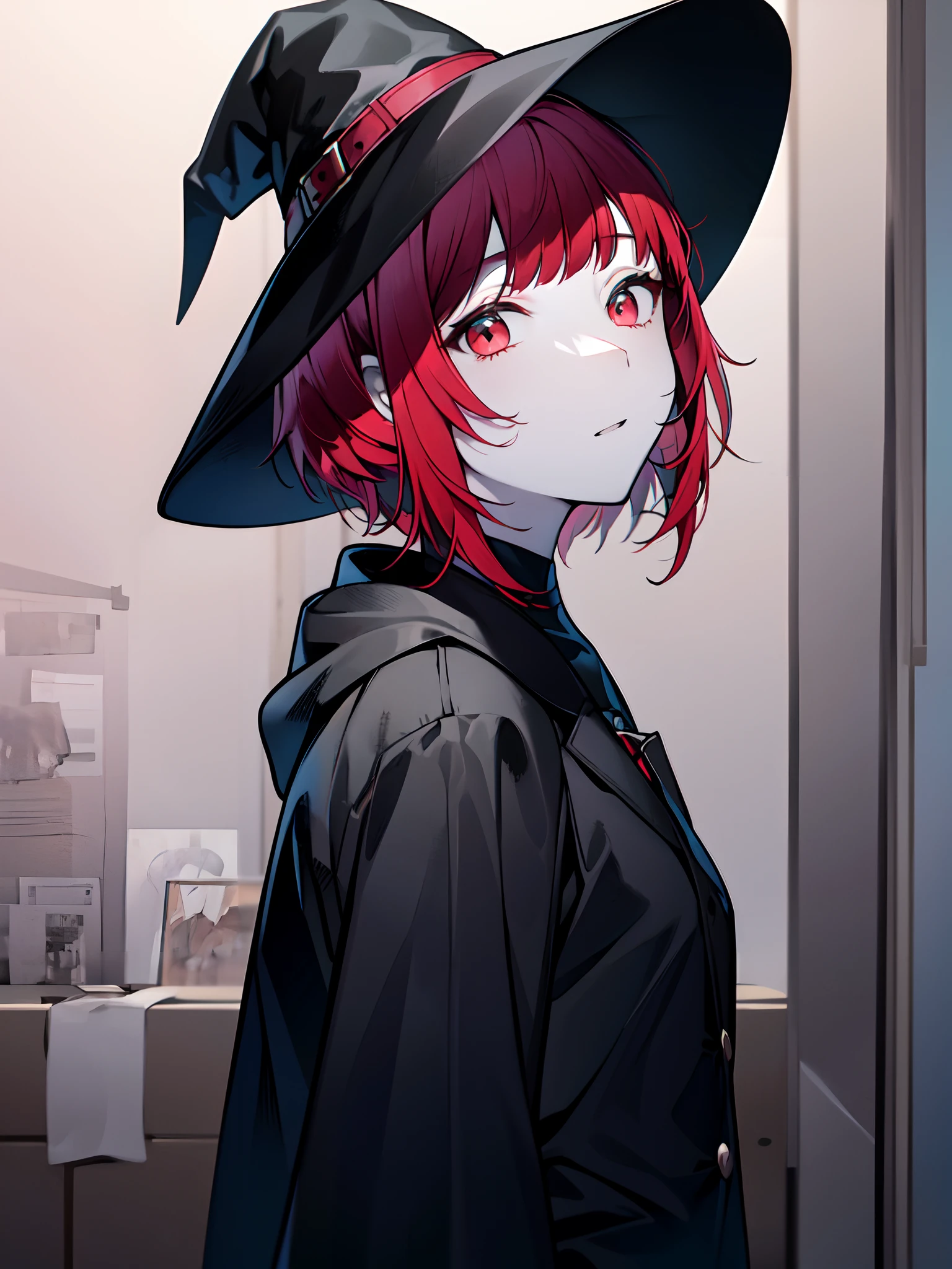 (masterpiece:1.2), (pale skin:1.2), (solo:1.2), (female:1.1), (emphasis lines:1.3), witch hat, red hair, short hair, side bangs, indoors