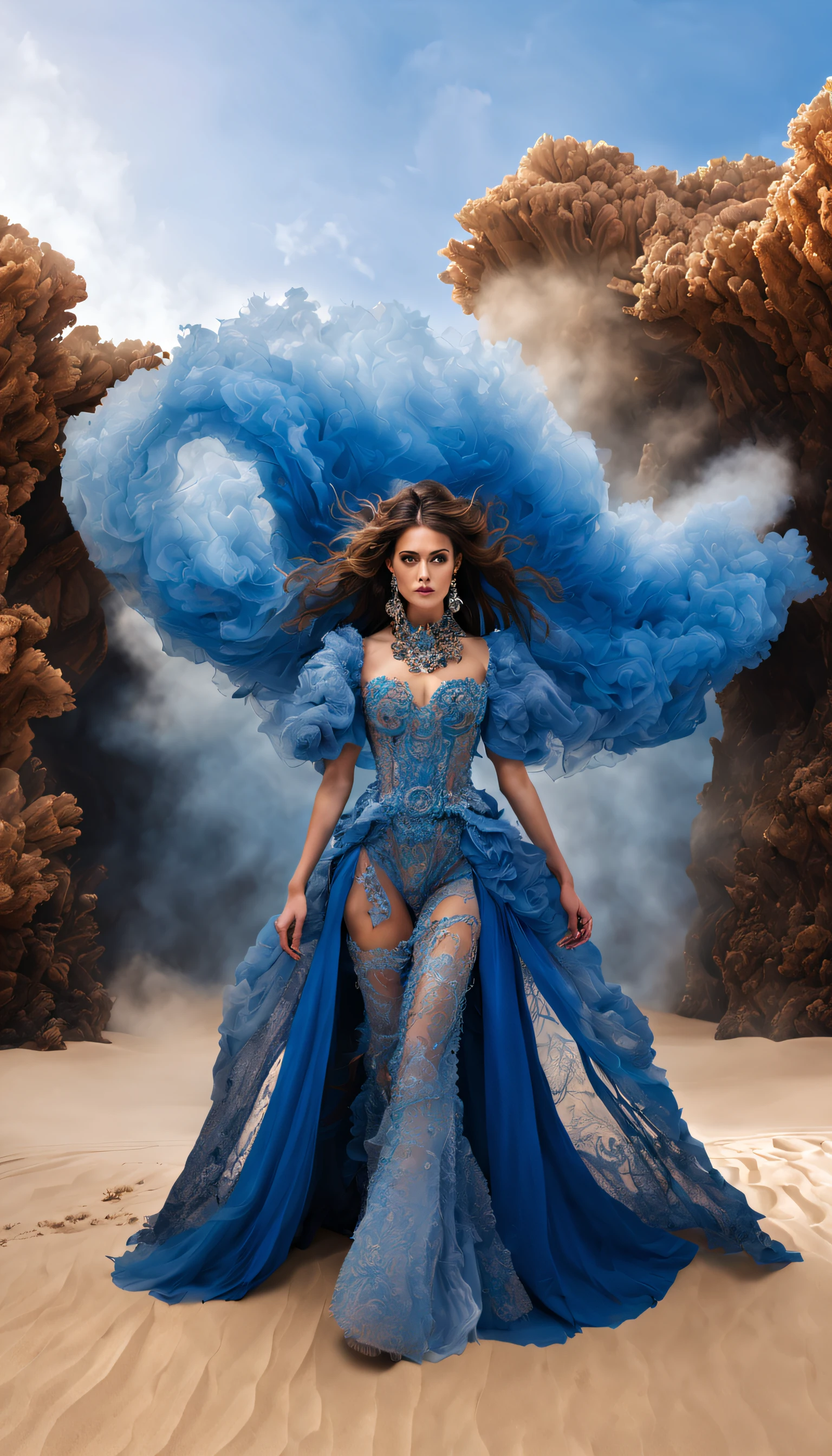 (Photograph of a female model dressed in sapphire blue marine haute couture standing on a T-shaped stage covered with sand and reefs）,Haute couture, Witch costume
background：Lots of spectators，Jupiter，Recife，Sand and foam are swirling，Blue swirling sand and foam, Dust swirls like foam,
Absurdly long hair, long eyelasher, Bright pupils, Lonely, projected inset, zoom layer, Ray tracing, god light, hyper HD, Masterpiece, retinas, Anatomically correct, Textured skin, Super detail, High details, High quality, Award-Awarded, Best quality, A high resolution, 8K