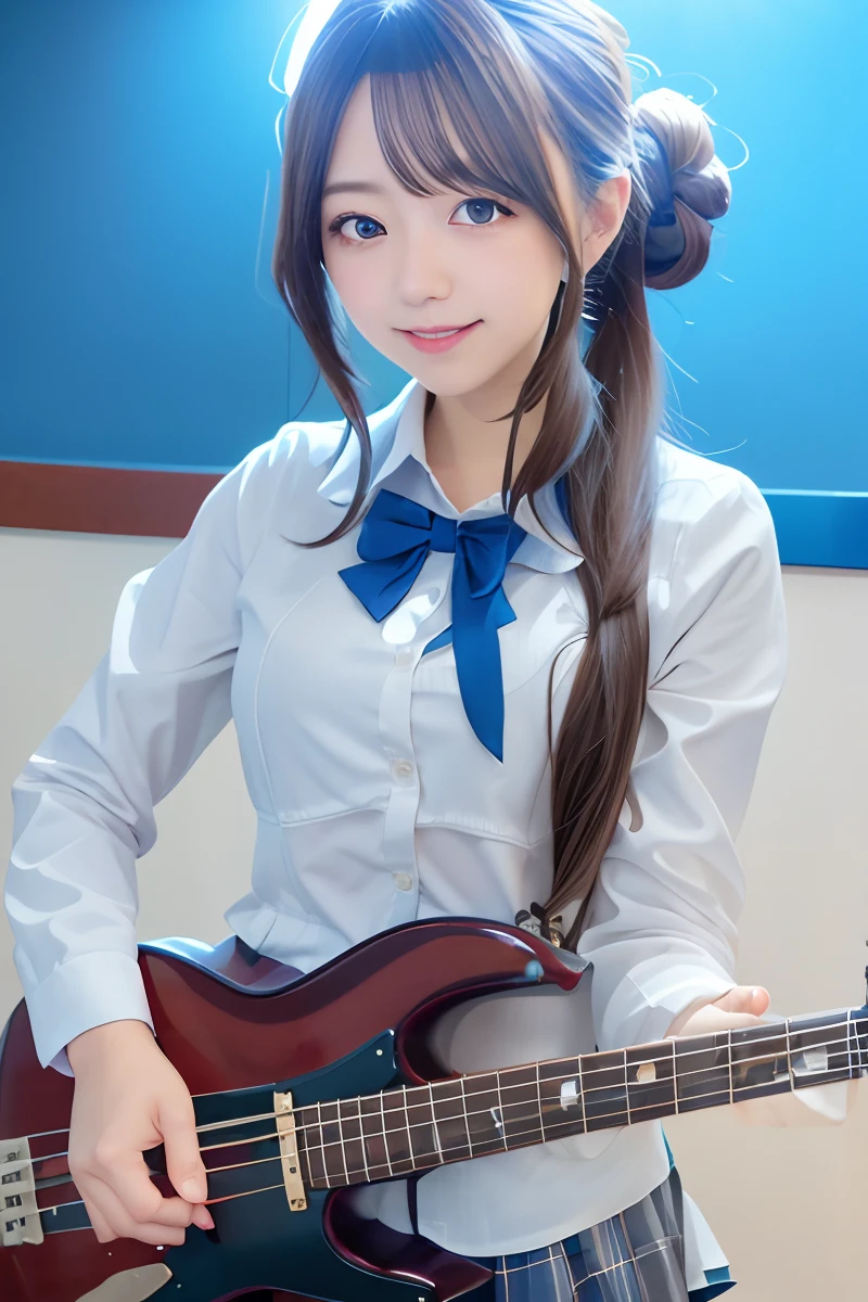 anime girl with long hair playing a bassin a room,mori fumika,bang dream,school uniform,good anatomy,bushiroad,