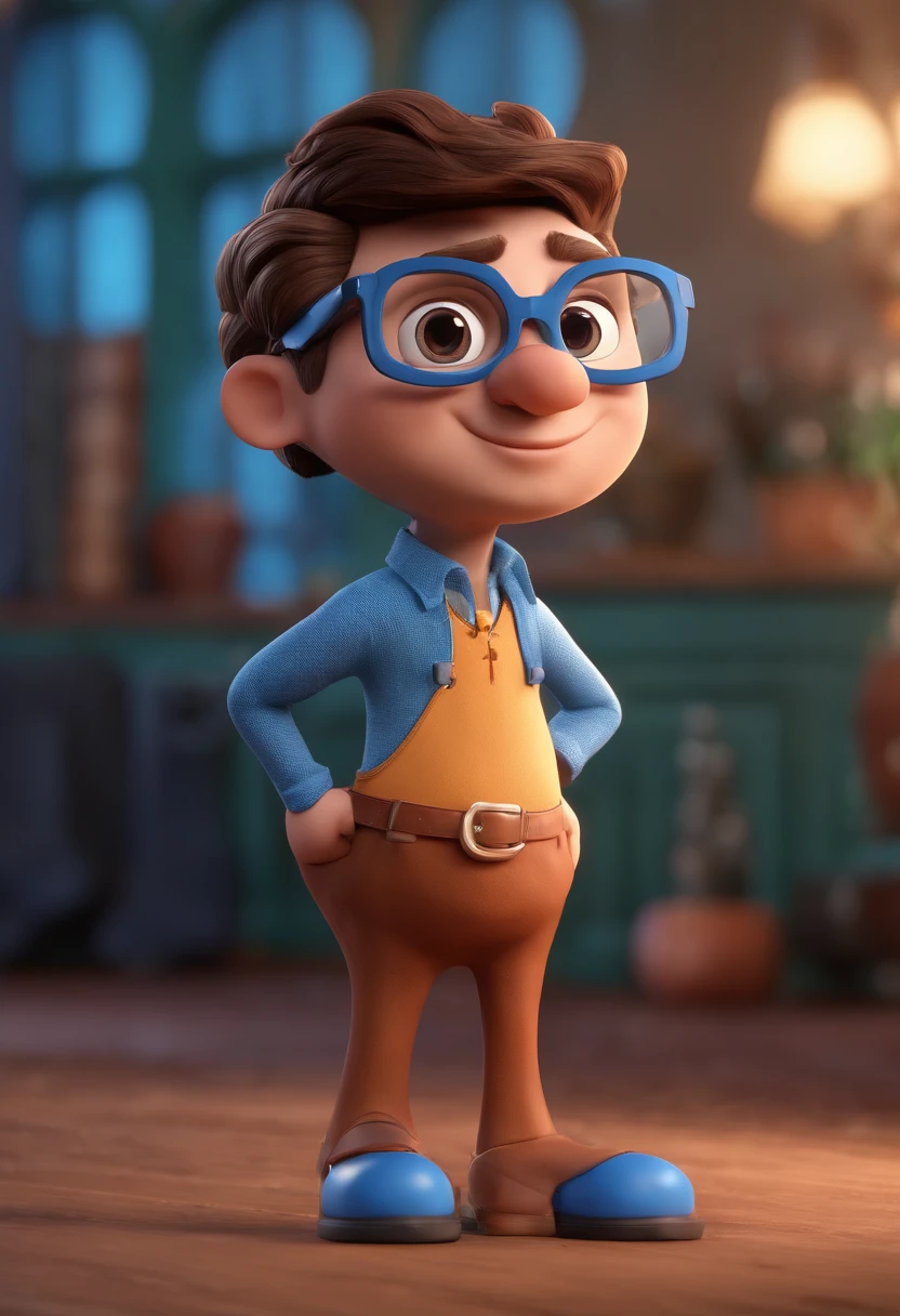 Cartoon character of a man with black glasses and a blue shirt, animation character, Caractere estilizado, animation style rendering, 3D estilizado, Arnold Maya render, 3 d render stylized, toon render keyshot, Personagem 3D, Personagem 3D, 3d rendering stylized, 3 d character render, personagem de desenho animado, Personagem de close up, Pose de personagem,  (Estilo Pixar) (master part:1.2) (Bokeh) (best quality) (pele detalhada) (textura detalhada) (8k) (argila) (Cinematic lighting) (foco nítido