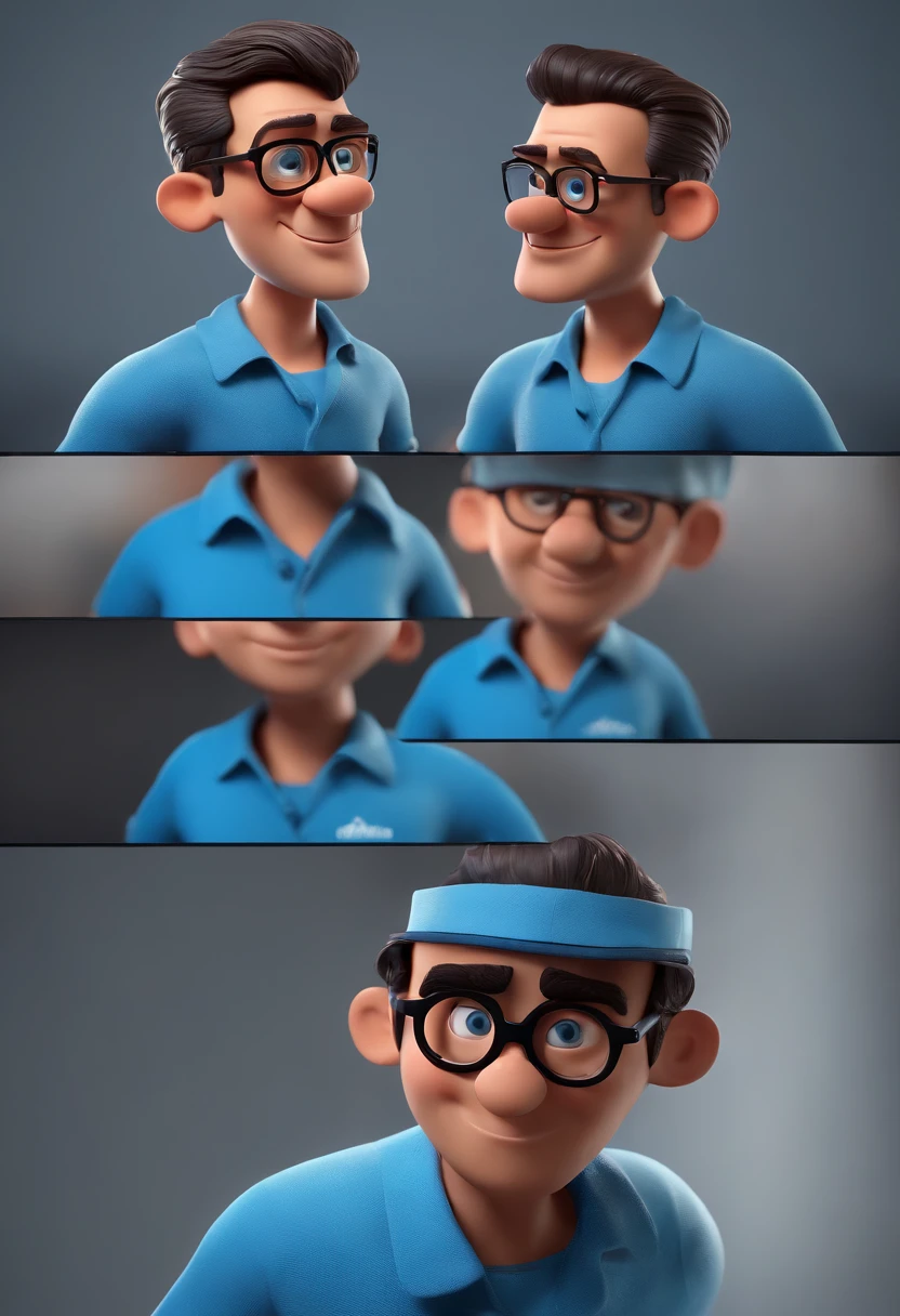 Cartoon character of a man with black glasses and a blue shirt, animation character, Caractere estilizado, animation style rendering, 3D estilizado, Arnold Maya render, 3 d render stylized, toon render keyshot, Personagem 3D, Personagem 3D, 3d rendering stylized, 3 d character render, personagem de desenho animado, Personagem de close up, Pose de personagem, (Estilo Pixar) (master part:1.2) (Bokeh) (best quality) (pele detalhada) (textura detalhada) (8k) (argila) (Cinematic lighting) (foco nítido