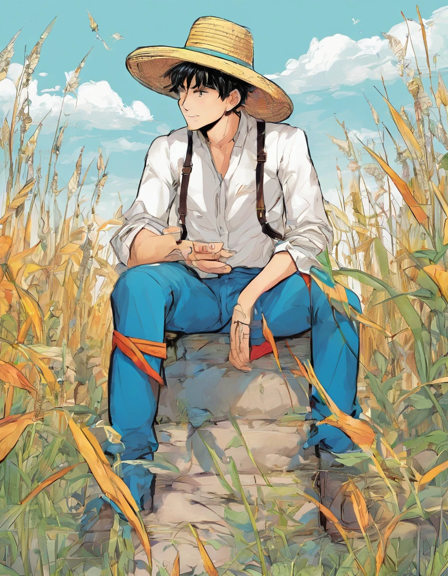 Gilet blanc,Straw Hat Hat,Blue cloth pants,Two-headed body,Inch-headed boys,Black eyes,In the reeds