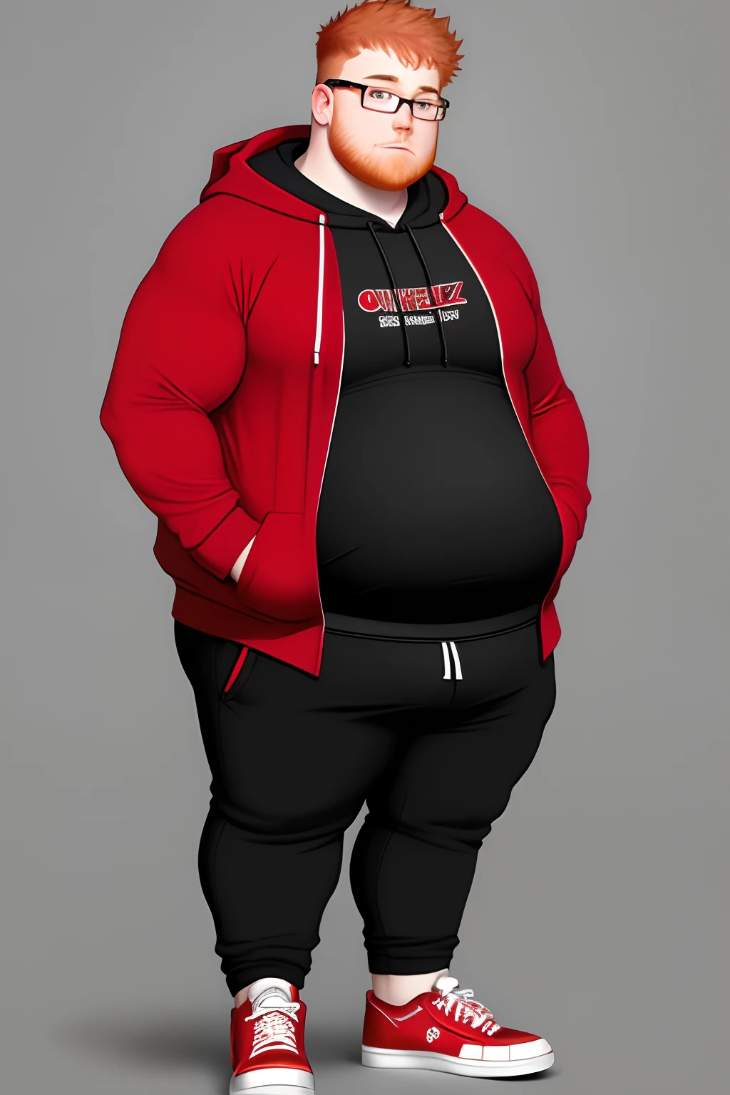 Overweight ginger guy with glasses and black hoodie And red sneakers with round belly out