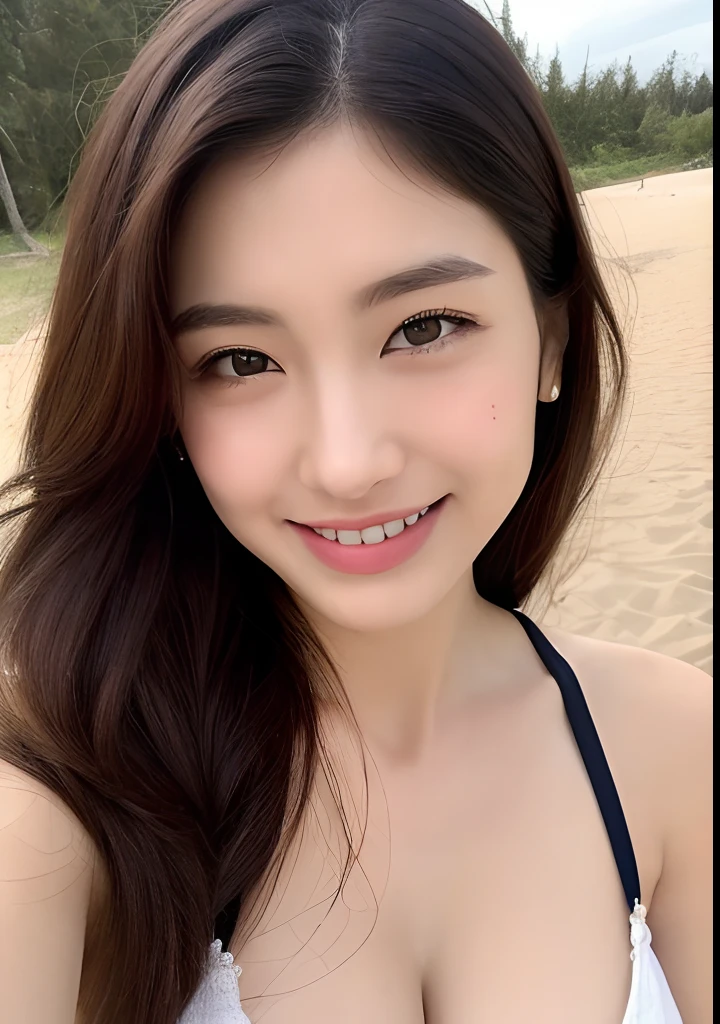 ((top-quality、8K、​masterpiece:1.3))、Shot on the sandy beach、gals、beauty legs、Floral Bikini。、1girl in、beautfull Japanease woman:1.3、(Long hairstyle、tits out:1.3)、 Floral Bikini:1.2、Beautiful Women in Perfect Style：1.4、Perfect eyes、Even-eyed、Natural smile、Perfect iris、Perfect lips、flawless skin、no moles、Super Detail Face、Delicat eyes、二重まぶた、Soft breasts、A smile、Exposed cleavage